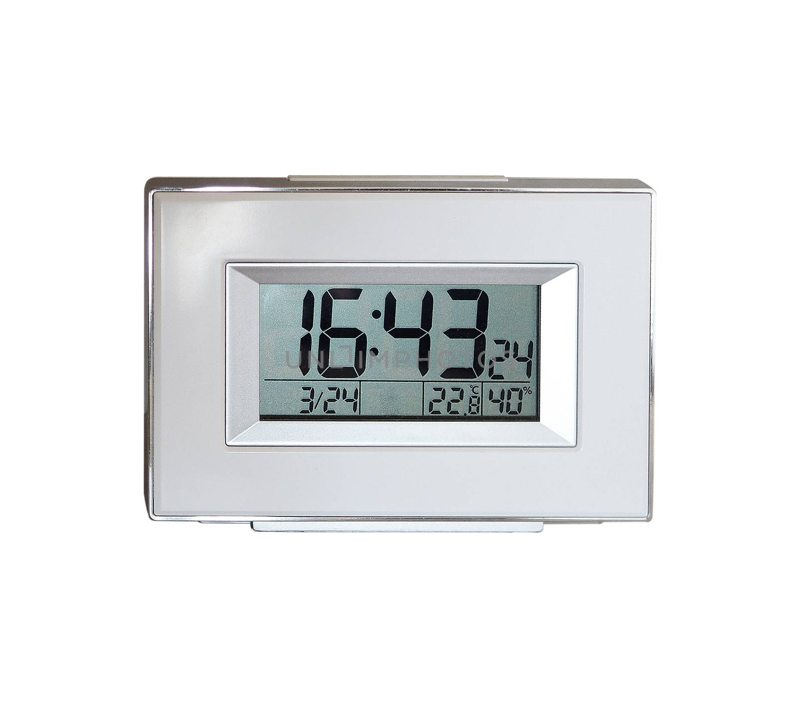 Silver color digital clock made from plastic material and white background and isolated studio shot.