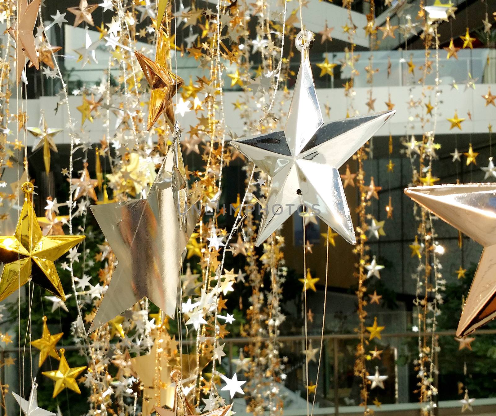 Shinny modern style decoration star for Christmas and New Year celebration festive and outdoor shot.