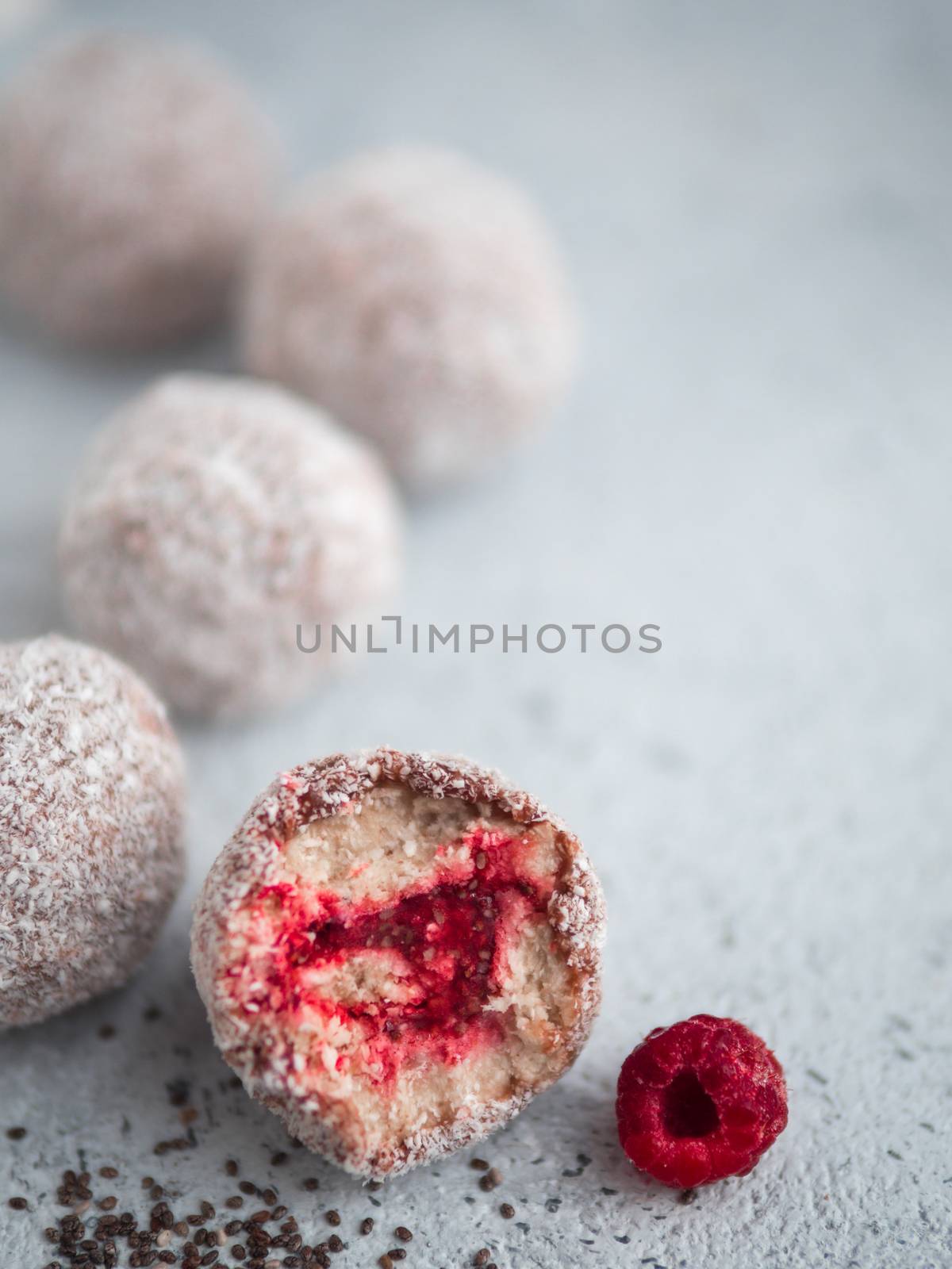 Raw lamington bliss balls with raspberries chia jam by fascinadora