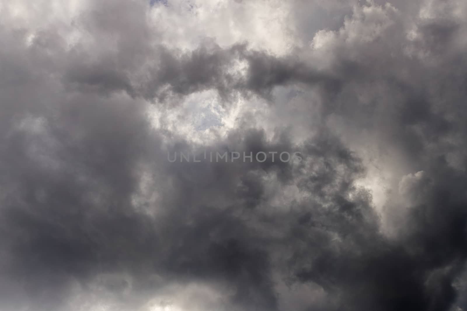 Gray summer storm clouds full frame background. Zenith view from ground surface.