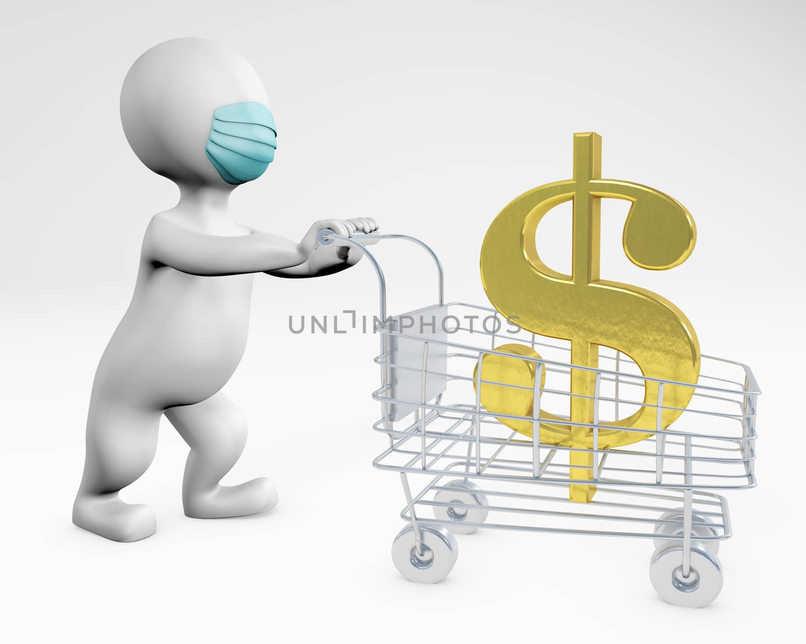 Fat man with a mask buying dollars 3d rendering isolated on white