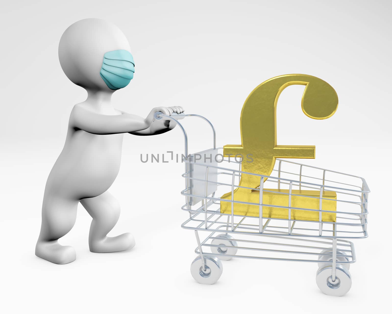 Fat man with a mask buying pounds 3d rendering isolated on white