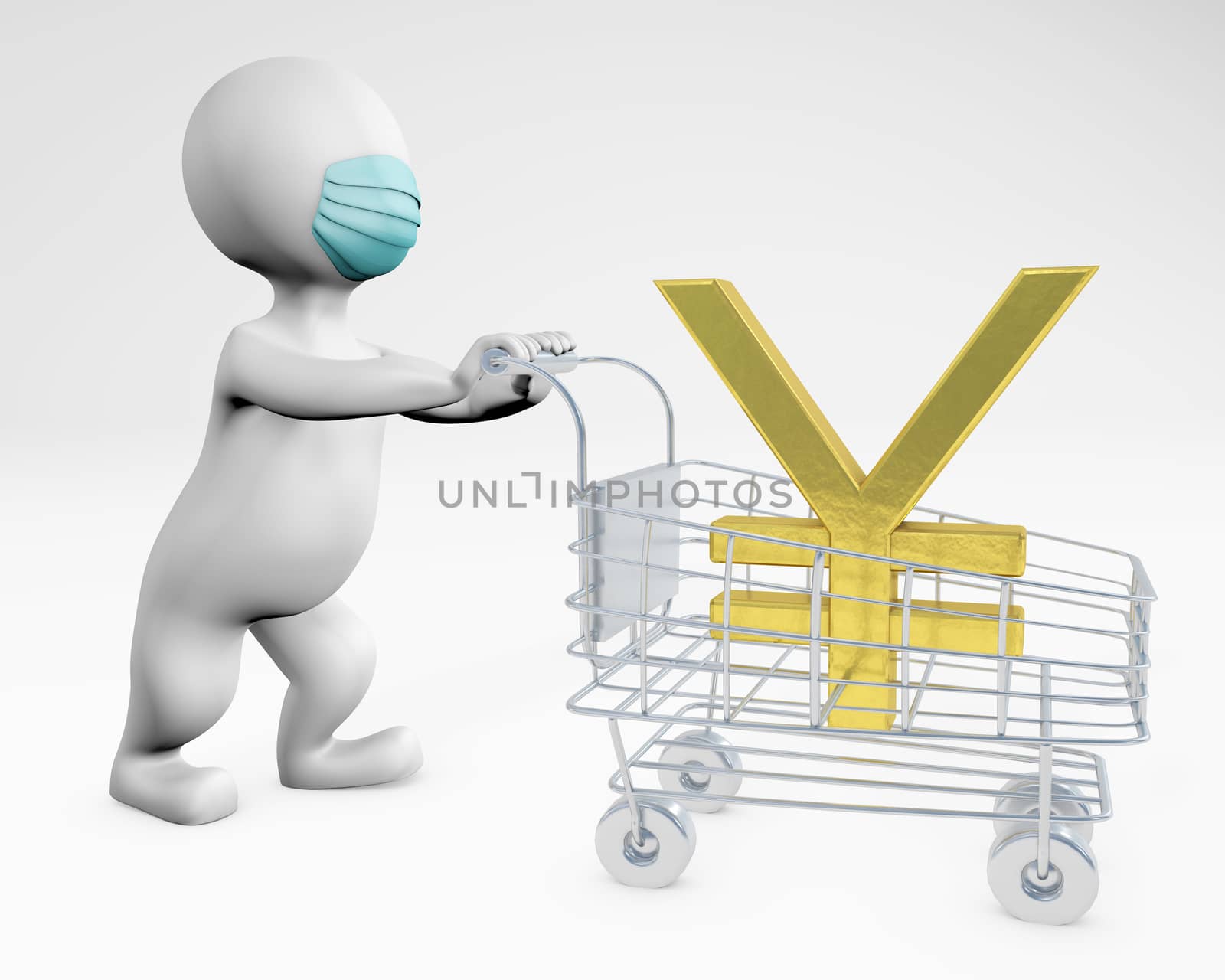 Fat man with a mask buying yenn 3d rendering isolated on white