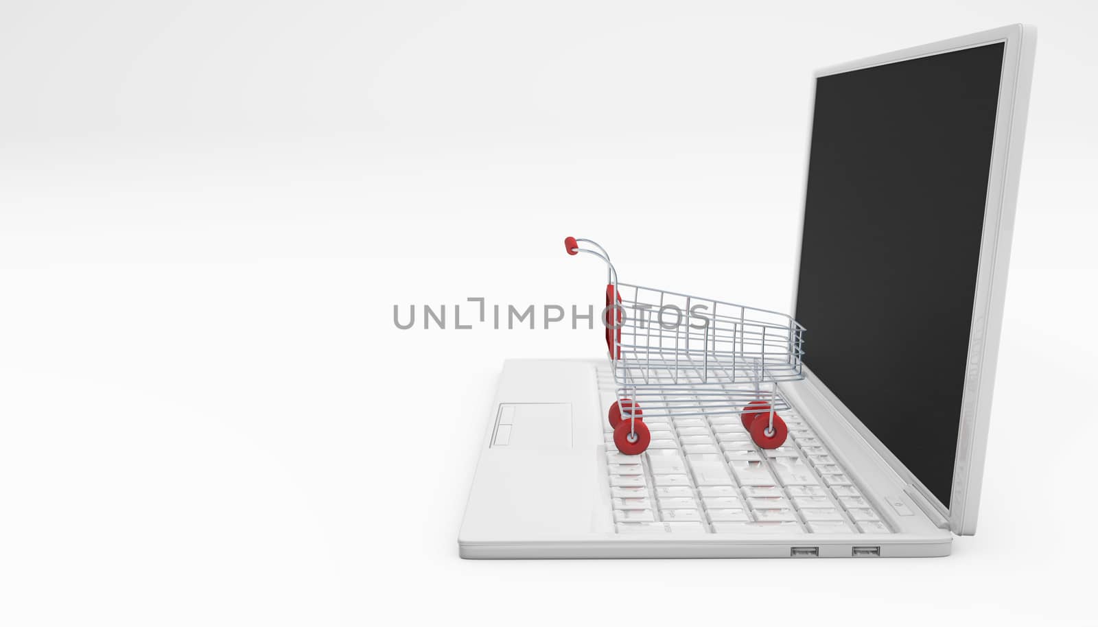 Online shopping concept. Shopping troley and laptop isolated on white. 3d rendering