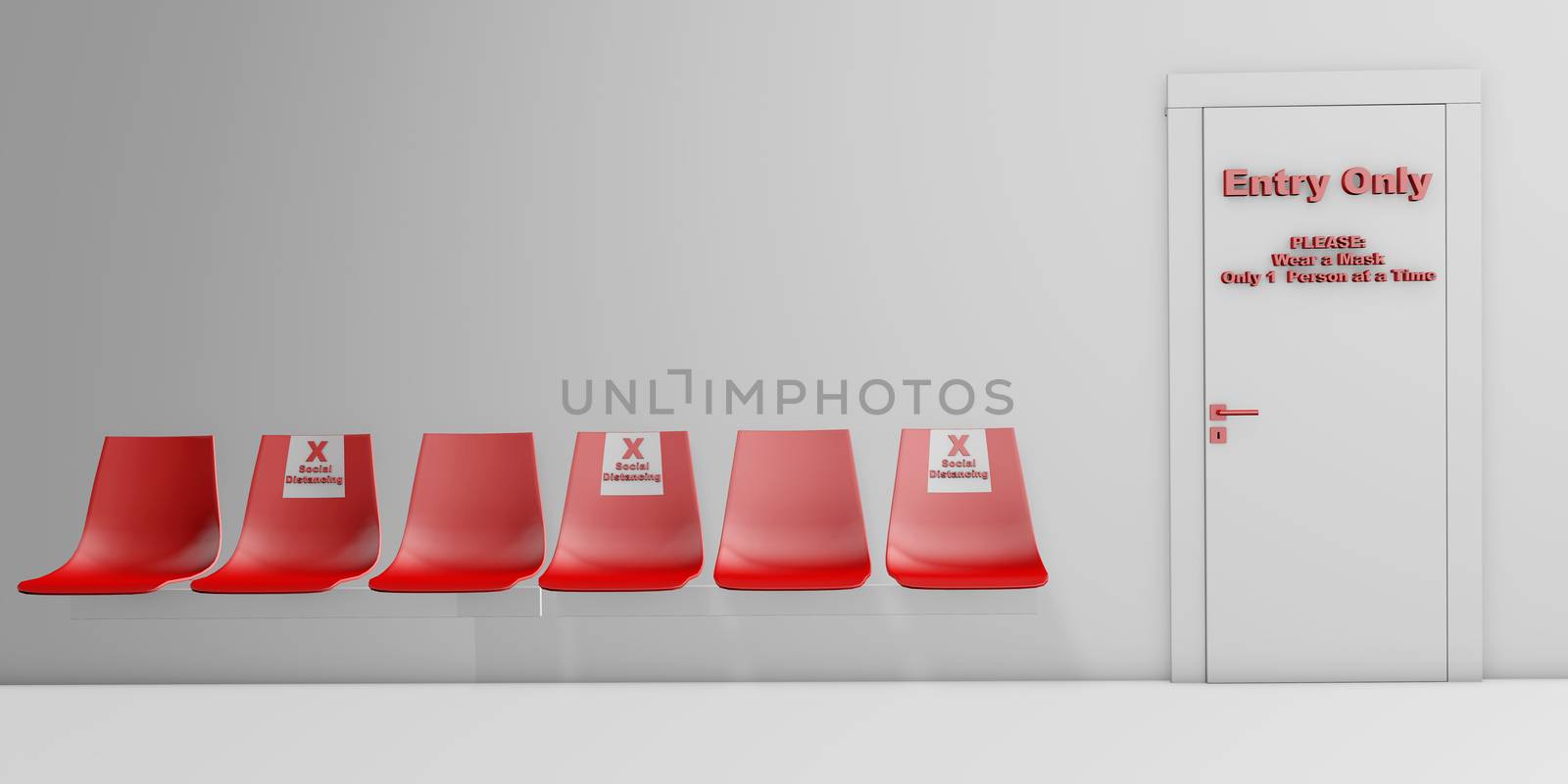 Social Distancing Concept for indoor public places  and waiting rooms 3d rendering 