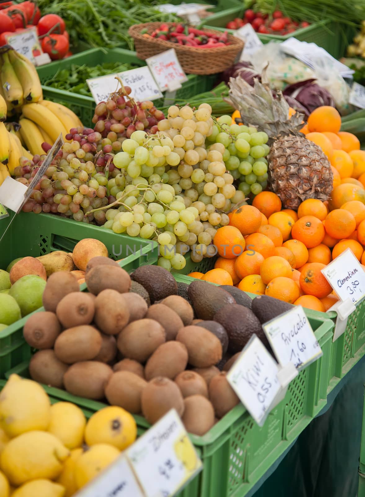 Market stalls with fruits and vegetables