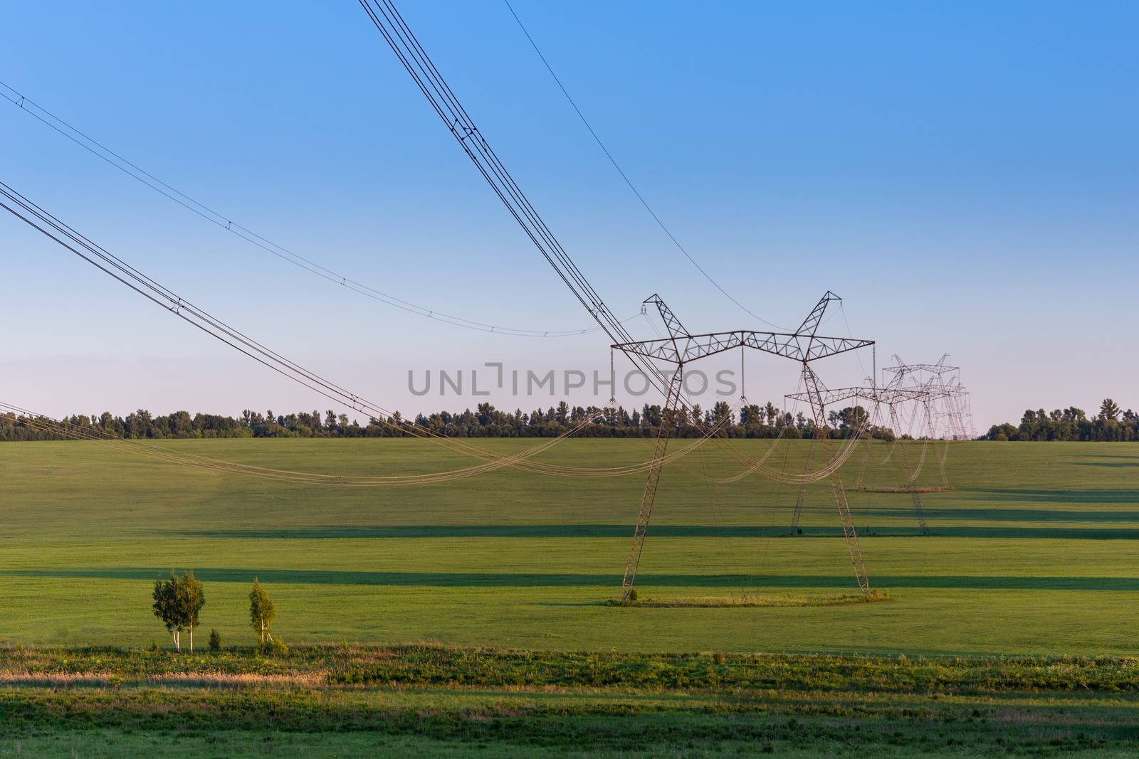 huge power line towers on field at summer evening.