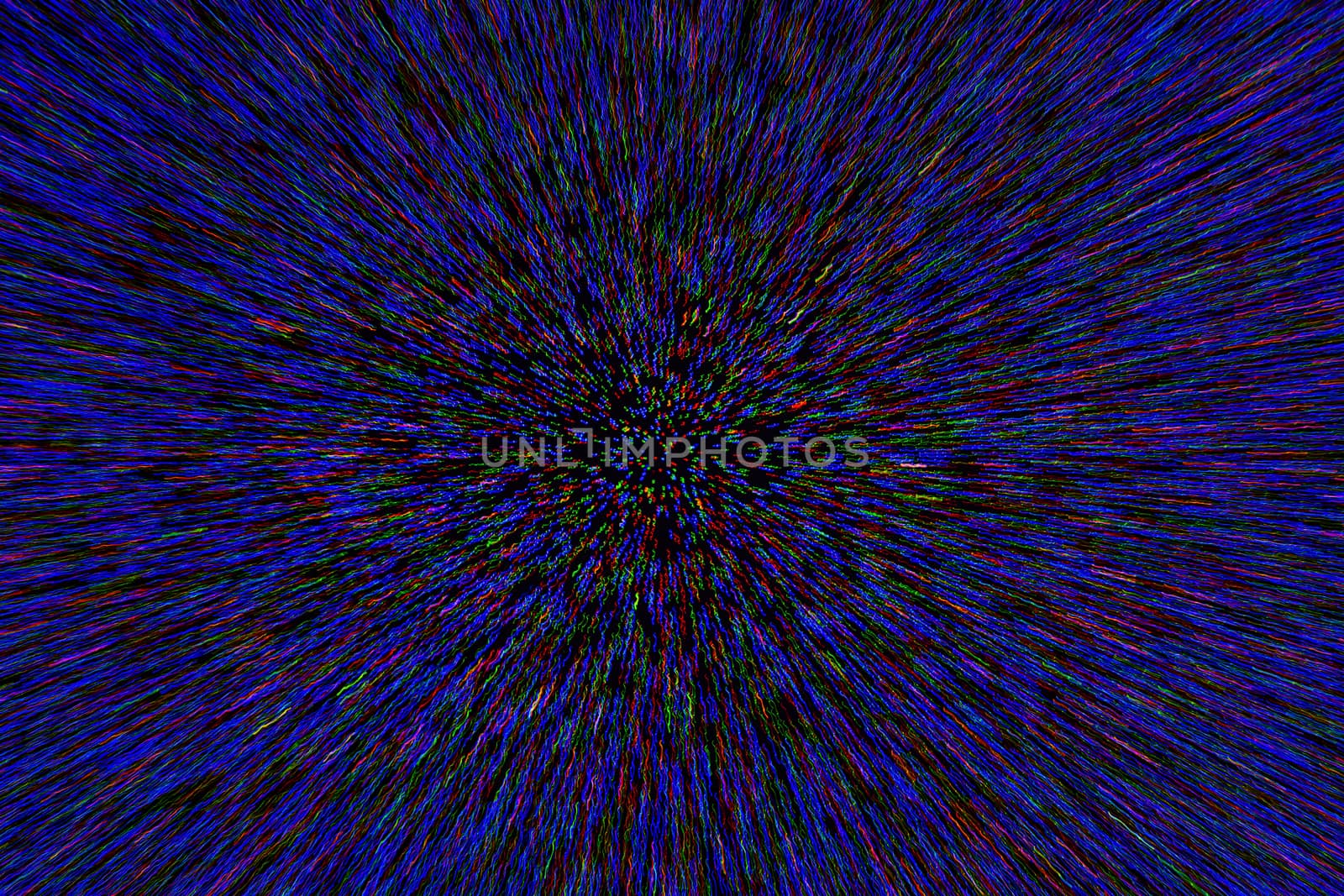 natural lens zoom explosion radial blurred red green blue dots on black background.