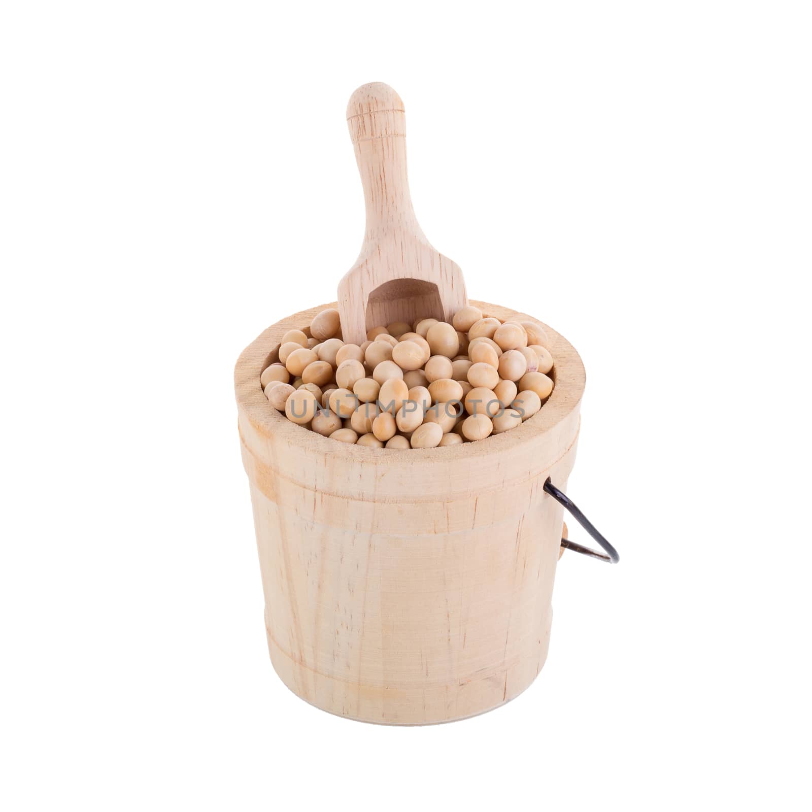 Soybeans in a wooden cup isolated on white background.