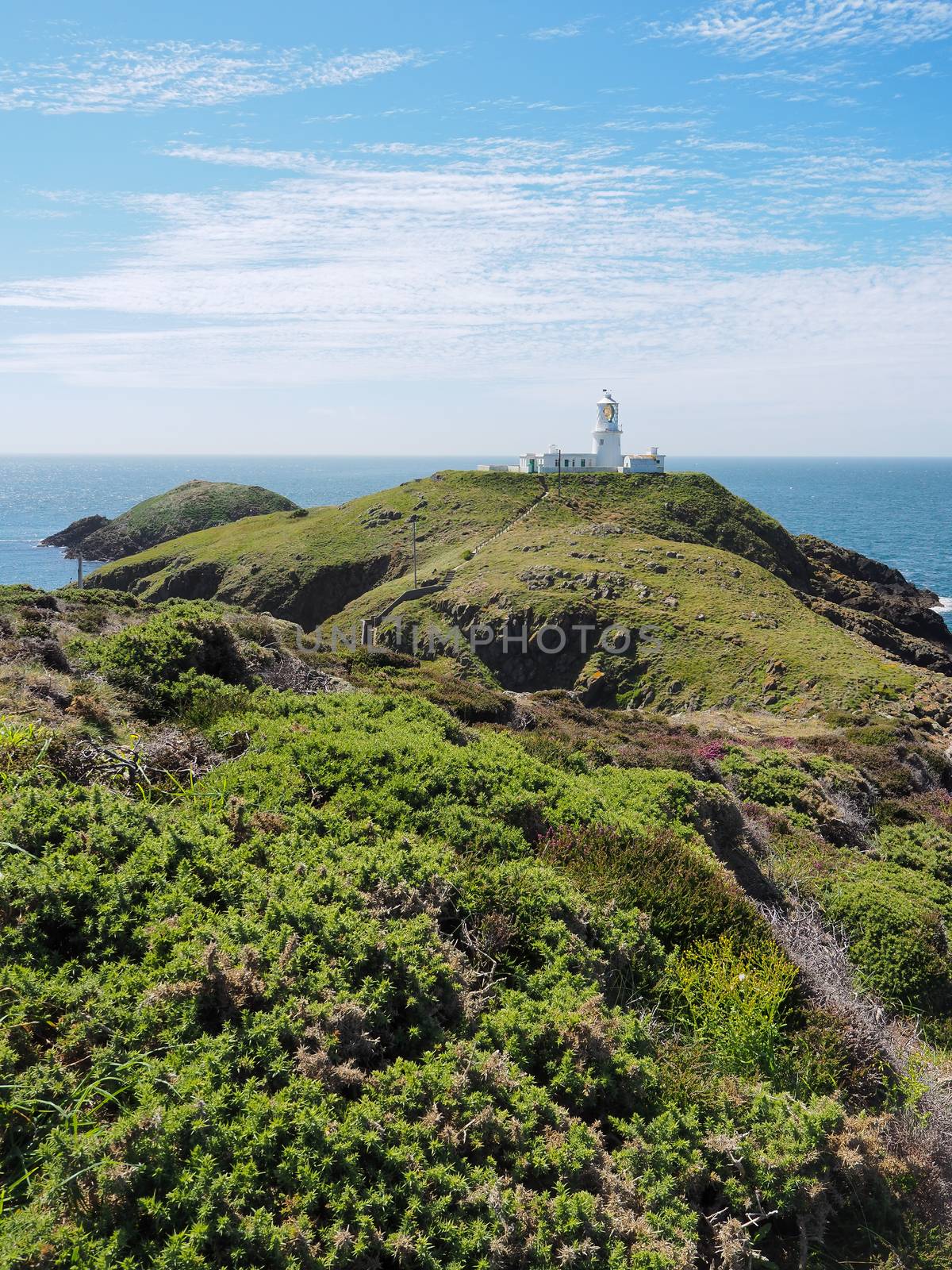 Strumble Head Lighthouse built by Trinity House in 1908 sitting on the top of the island of Ynys Meicel on a sunny day with white clouds overhead, Pembrokeshire Coast National Park, Wales, UK