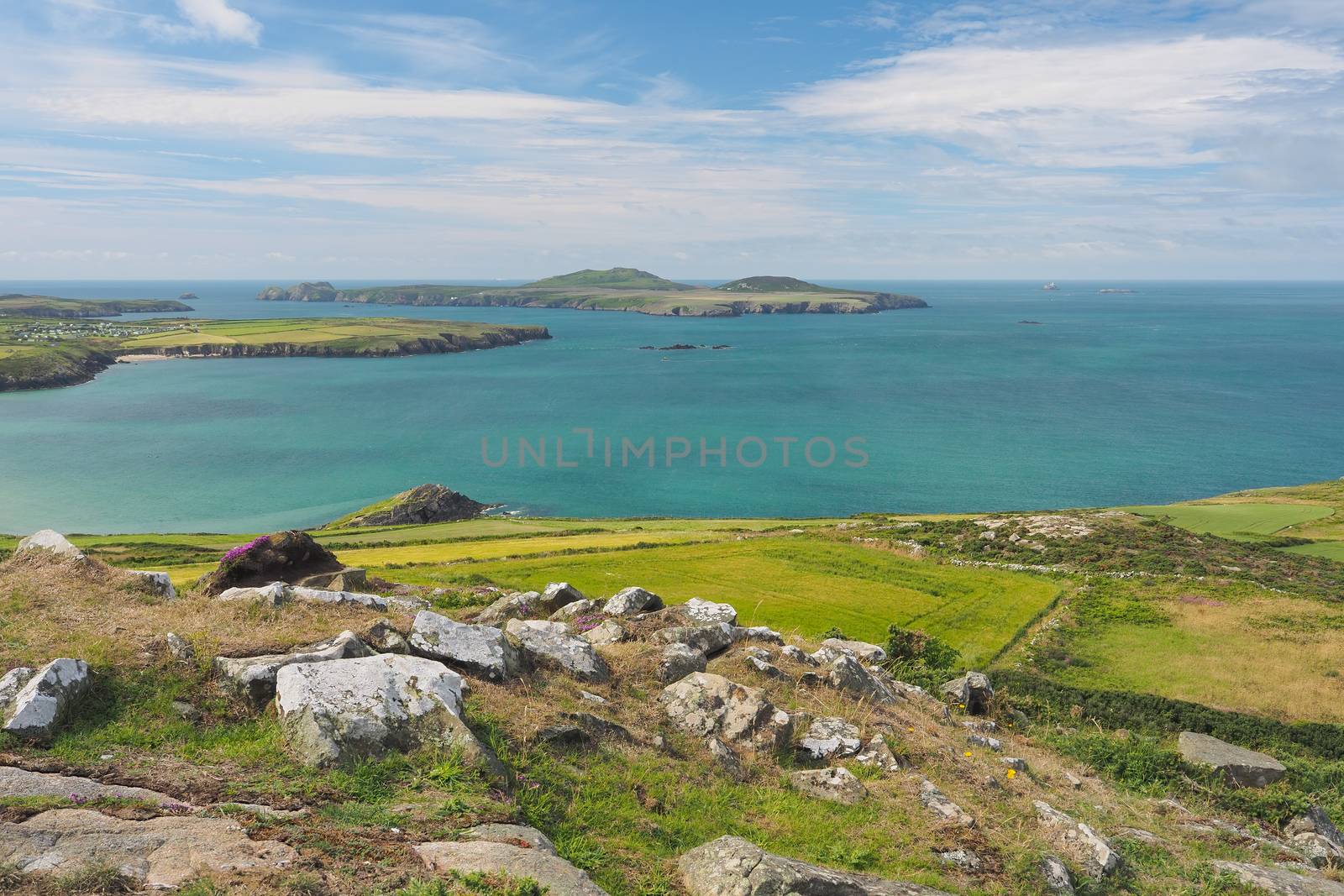 View from the top of Carn Llidi at St Davids Head looking out over Ramsey Island, Pembrokeshire Coast National Park, Wales, UK