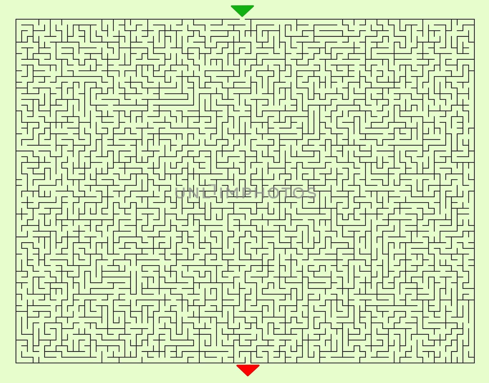 Hard Square Maze Template with Green Entry Mark and Red Exit Mark on a Green Background.