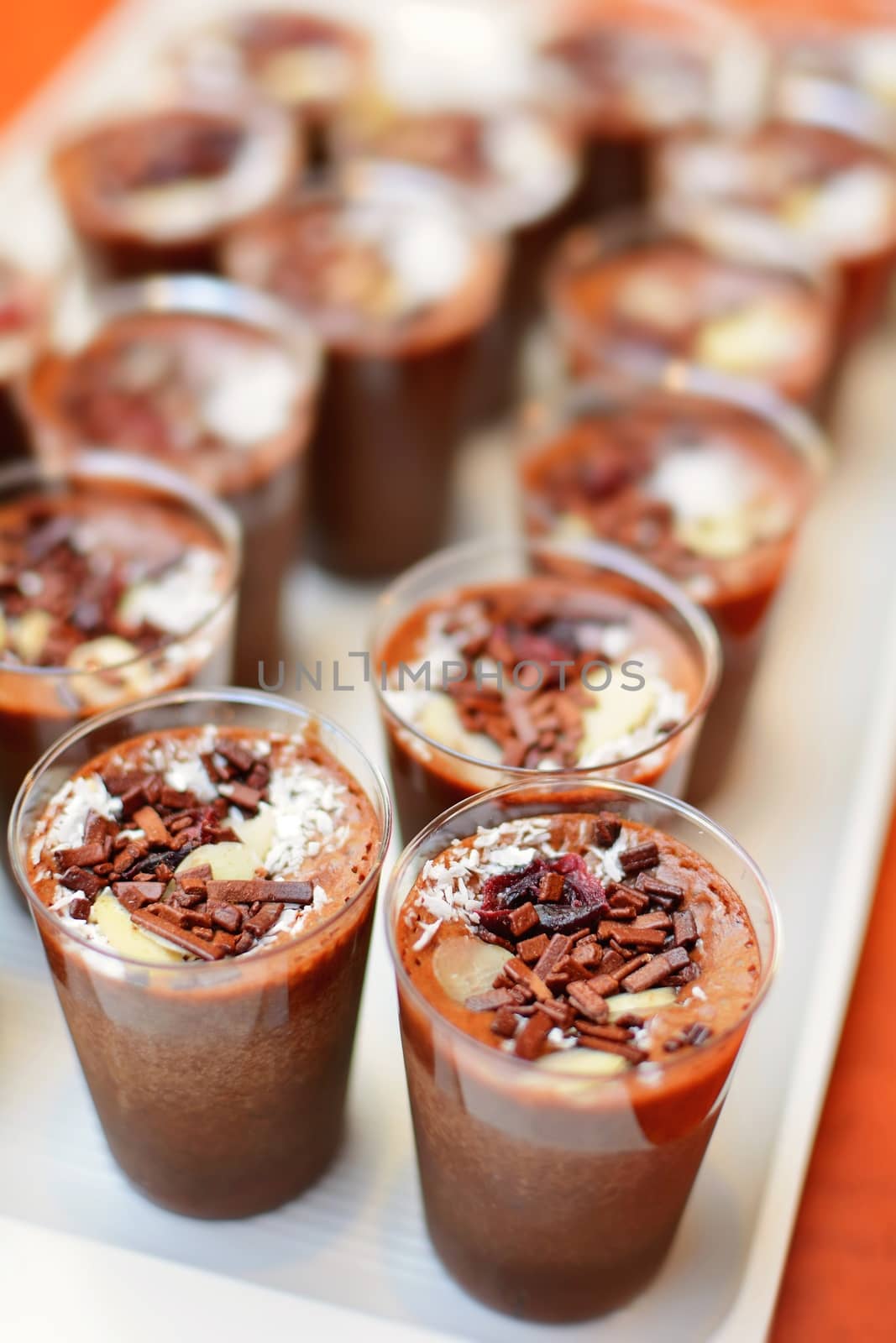 Close up of the Chocolate Mousse Desserts in the Small Cups.