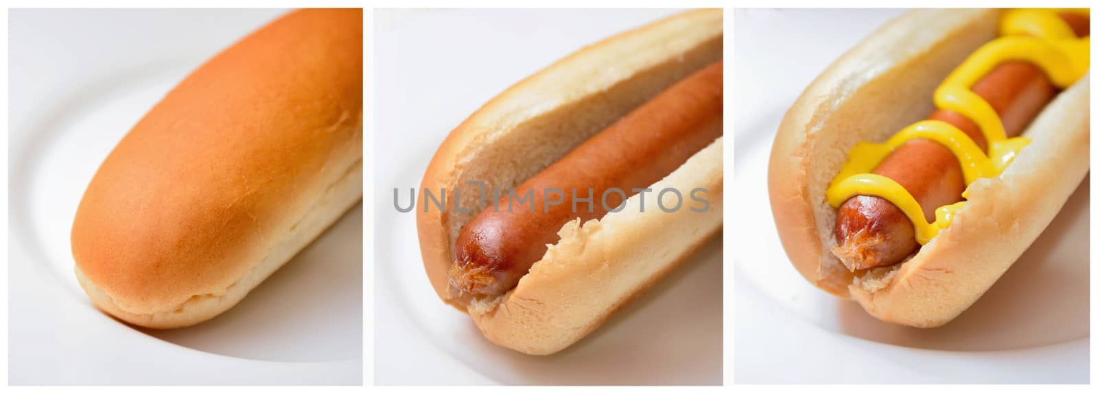Photo collage with three images of hot dog, soft bun and hot dog with mustard.