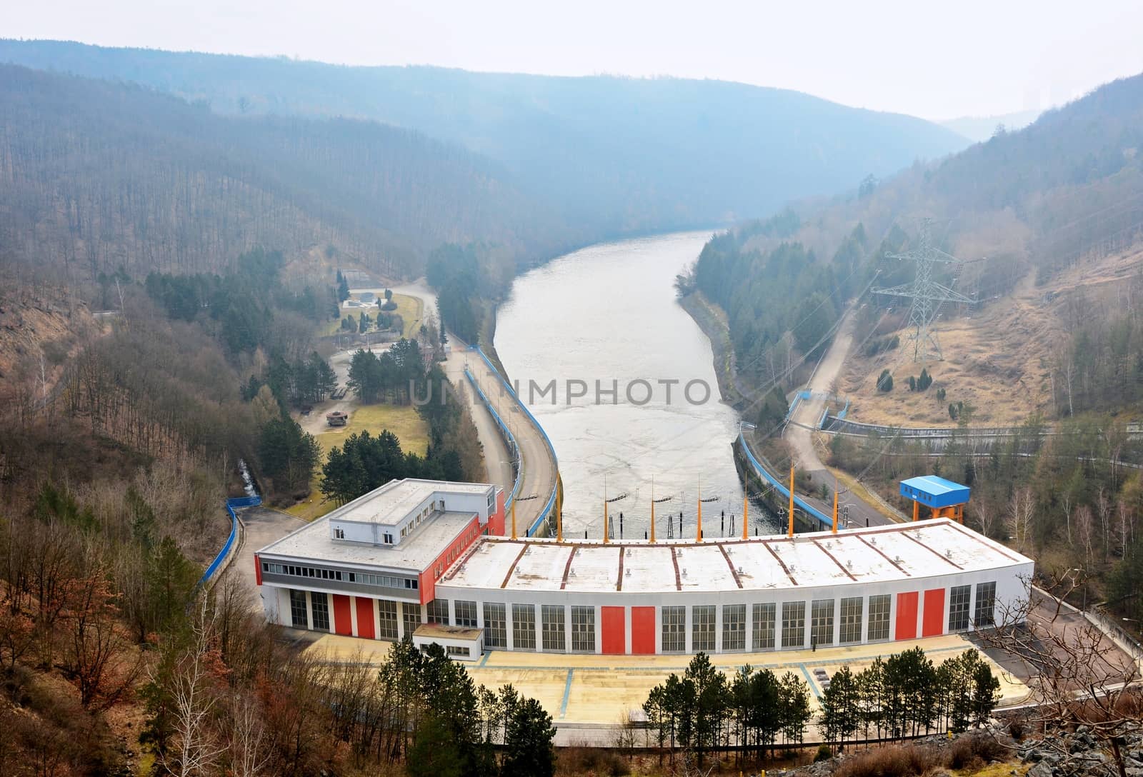 The Above View of a Pumped-Storage Hydroelectric Power Station on the Dalesice Dam.