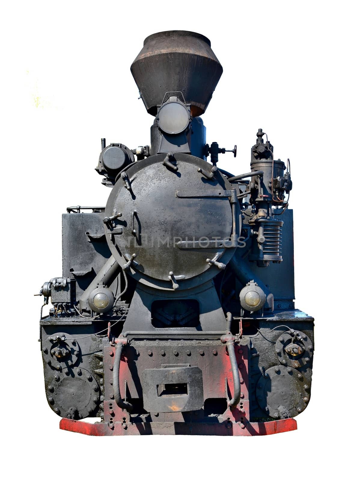 Front view of old classic steam locomotive isolated on white background.