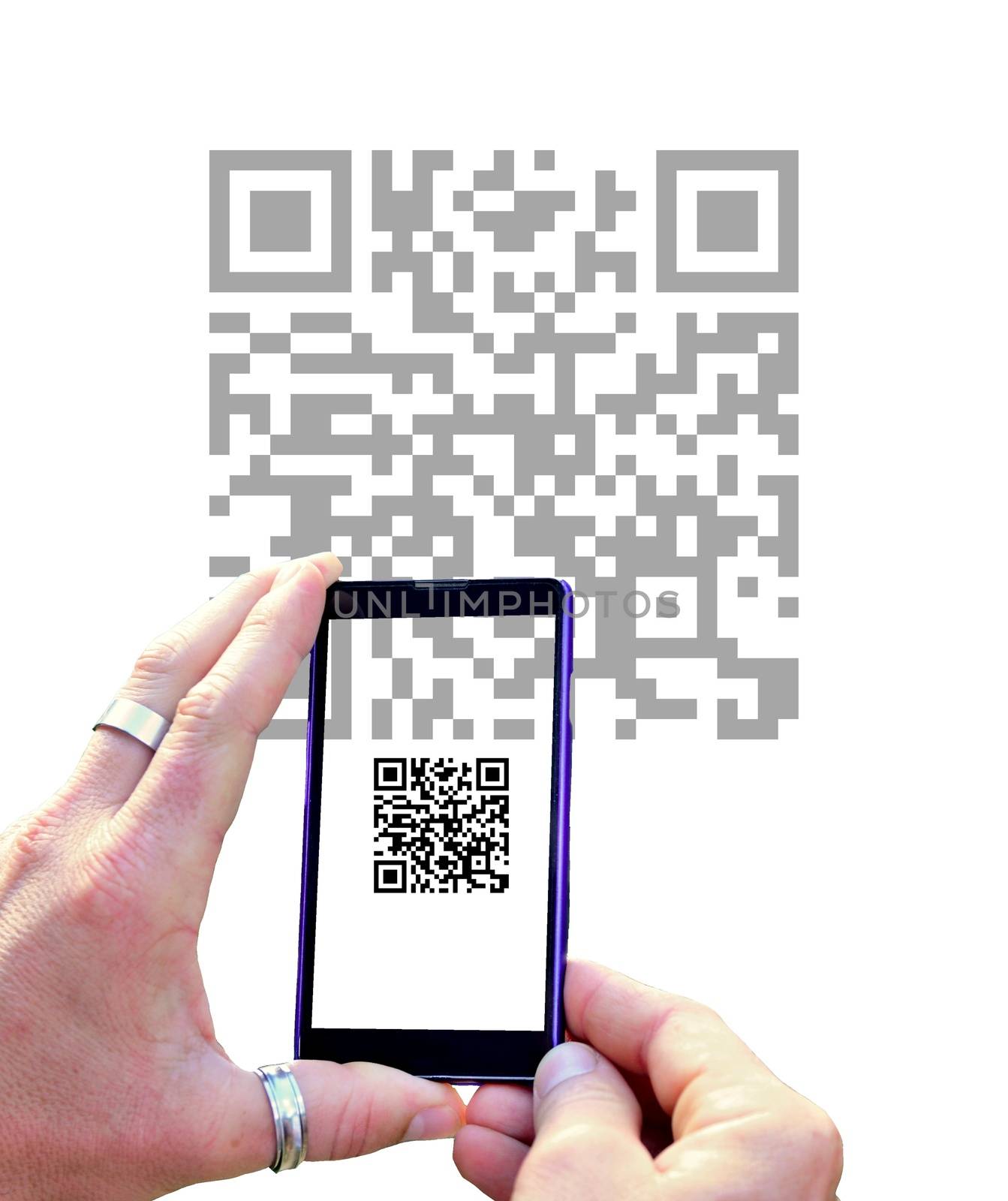 View over the mobile phone screen during scanning QR code isolated on white background. Hands holding mobile phone and scanning QR code.