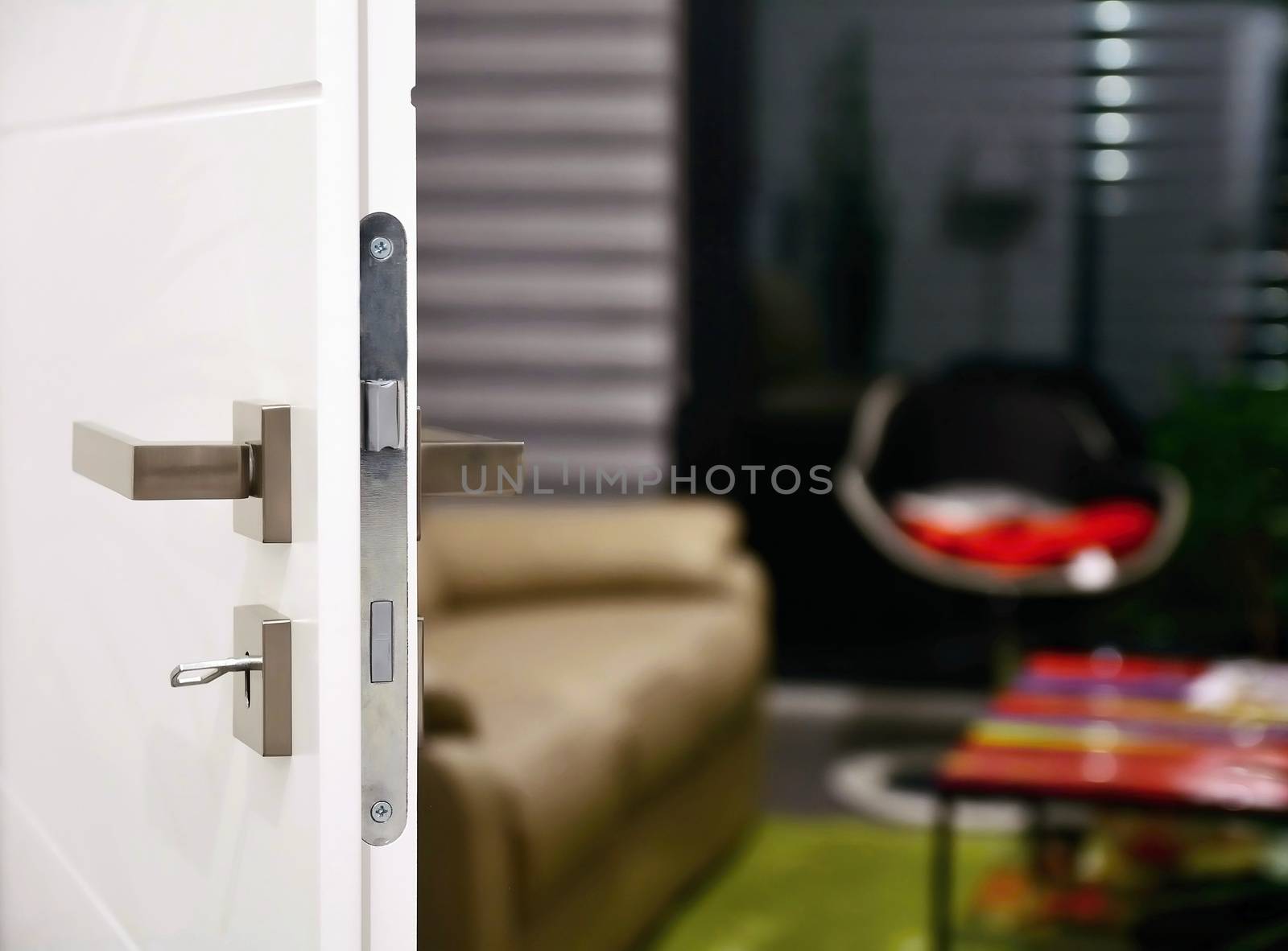 A view into modern living room through opened white door with metallic handle.