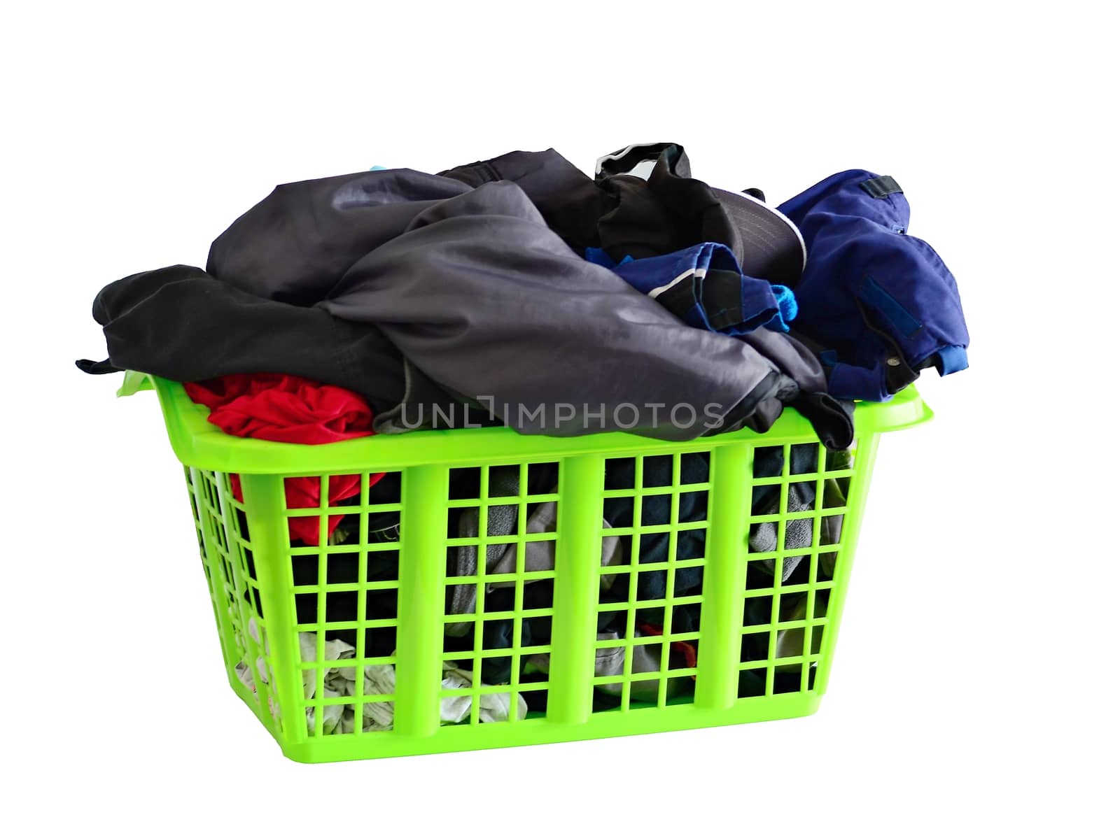 Green basket full of fresh washed laundry isolated on white background.