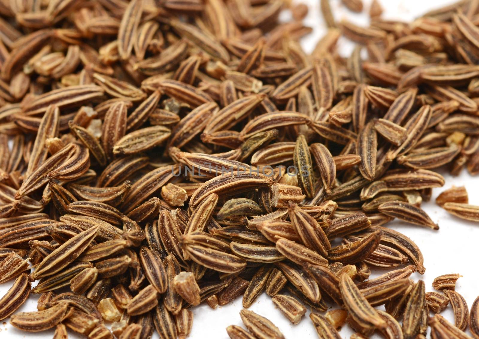 Macro of caraway seeds on white background.