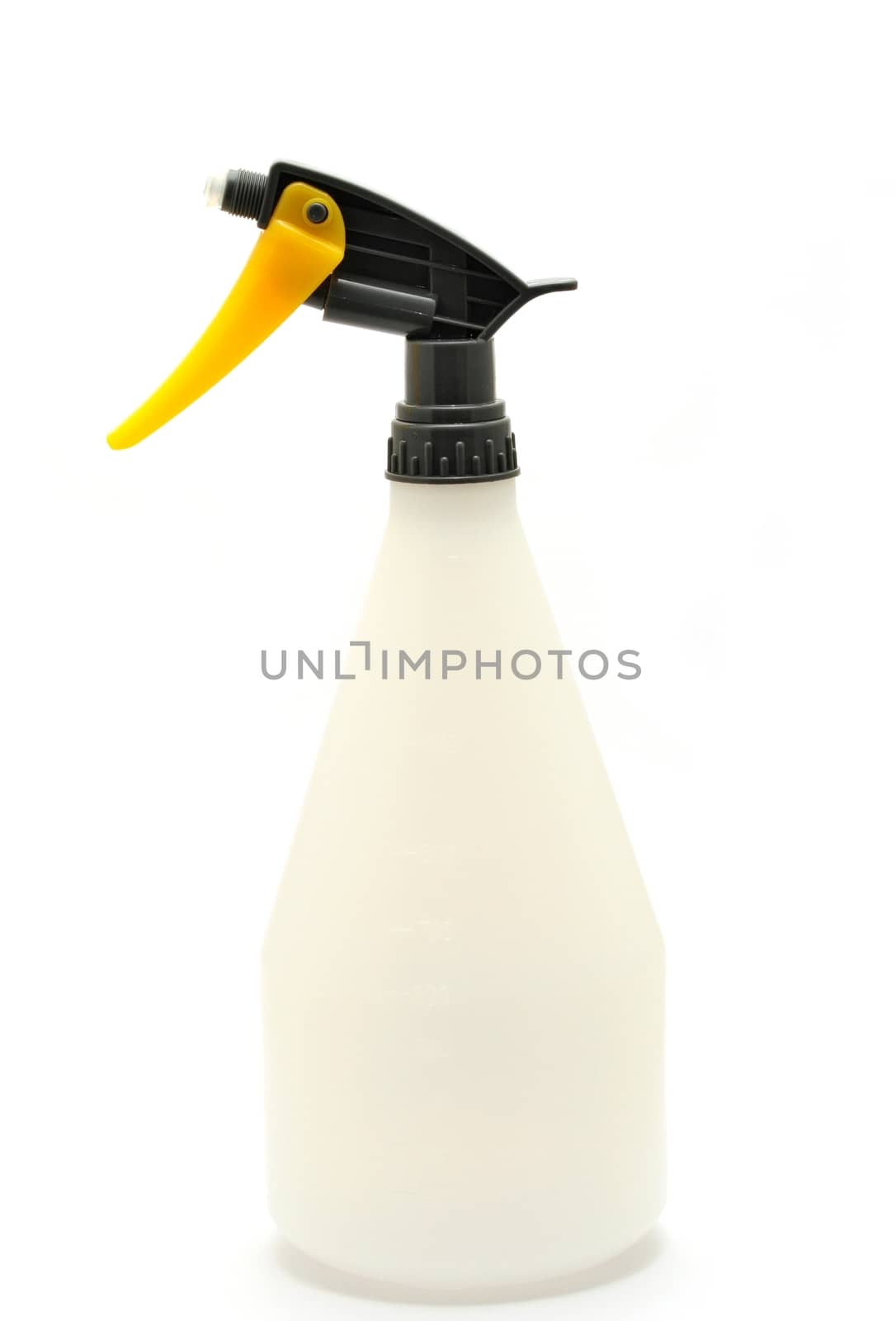 Plastic bottle with nozzle over white background.