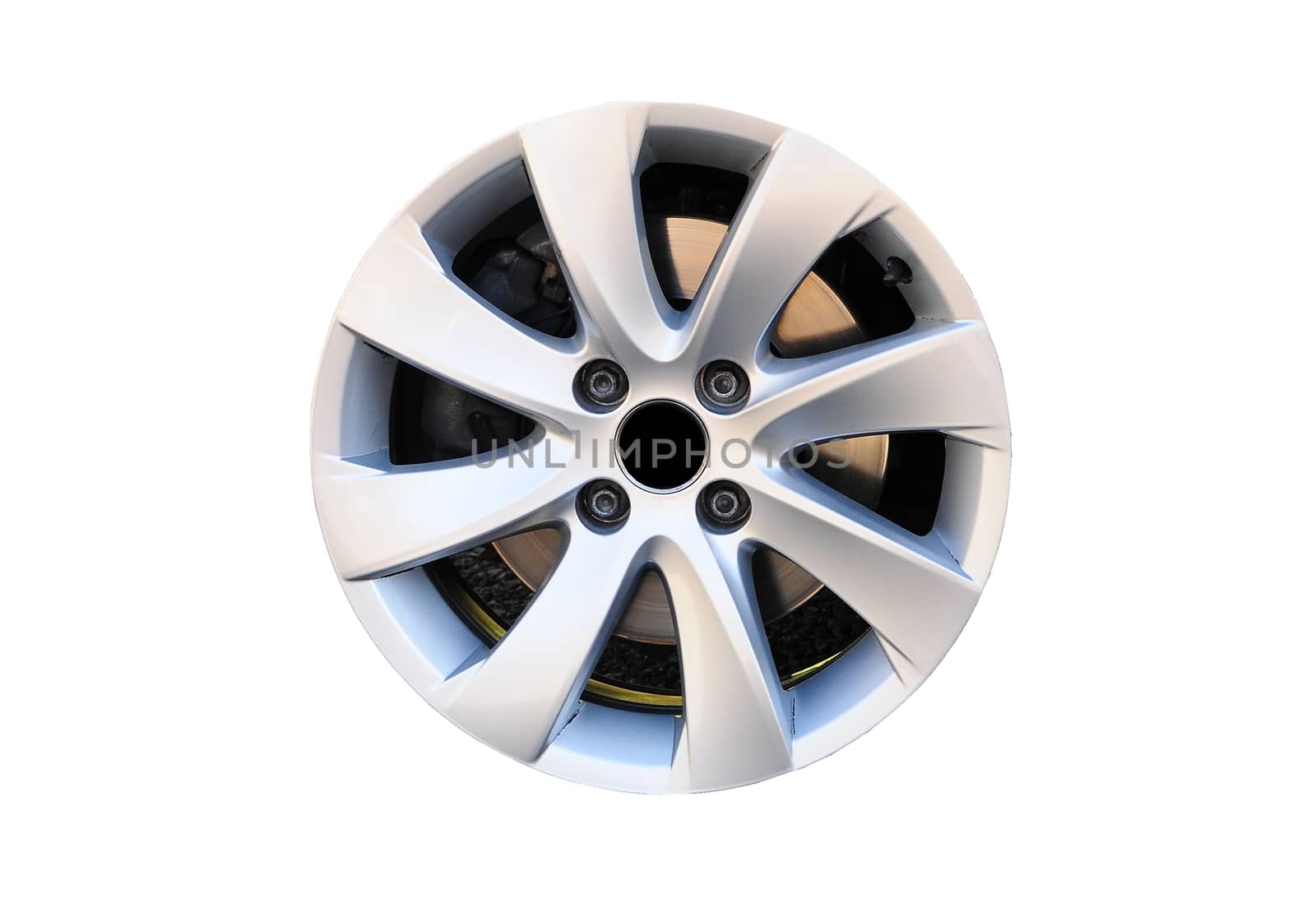 Modern alloy car disk without tire with four screws and brake disk isolated on white background.