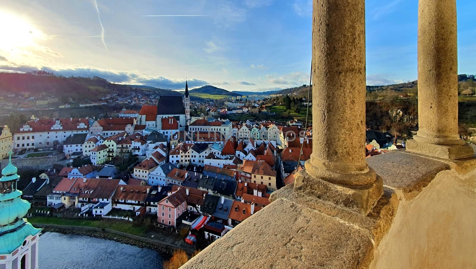 Panoramic aerial view of beautiful town Cesky Krumlov from sightseeing tower, Czech Republic.