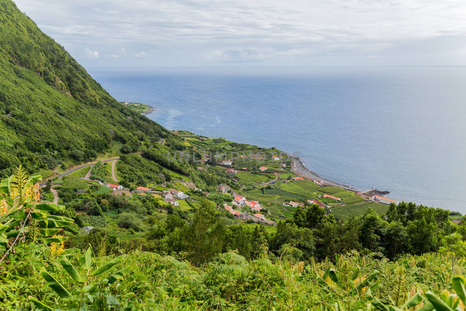 View of the Sao Jorge countryside with the ocean on the background. Azores, Portugal