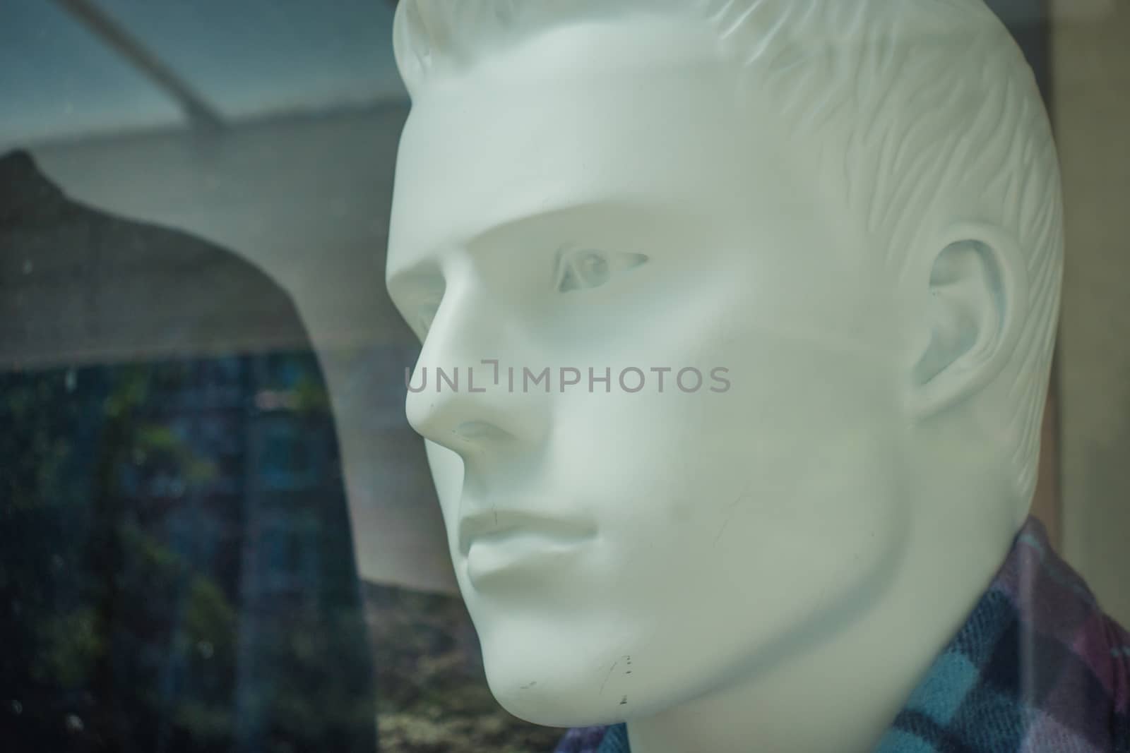 male head of mannequin white faces closeup portrait head shot on street by paddythegolfer