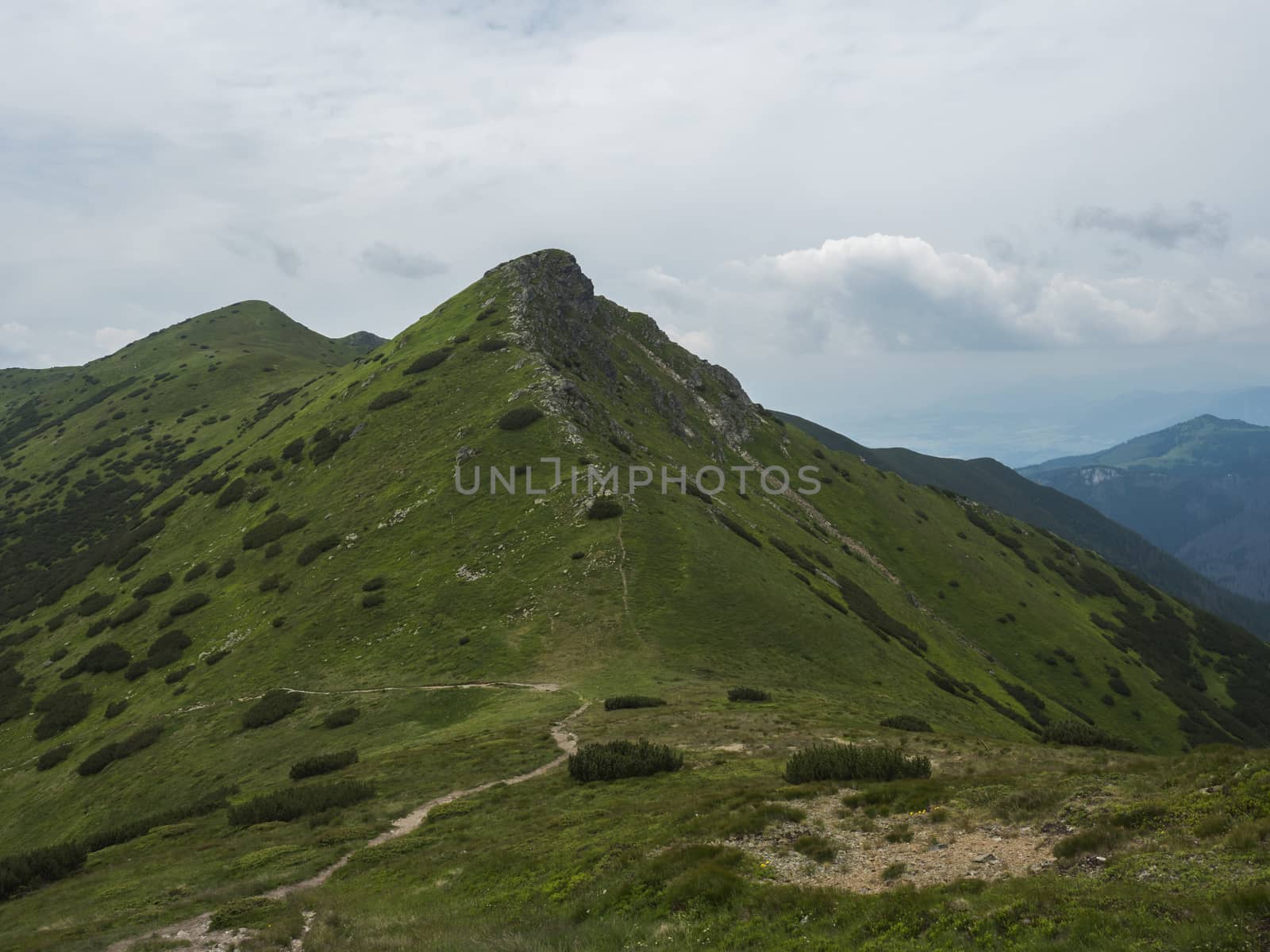 View from Banikov peak on Western Tatra mountains or Rohace panorama. Sharp green mountains - ostry rohac, placlive and volovec with hiking trail on ridge. Summer blue sky white clouds