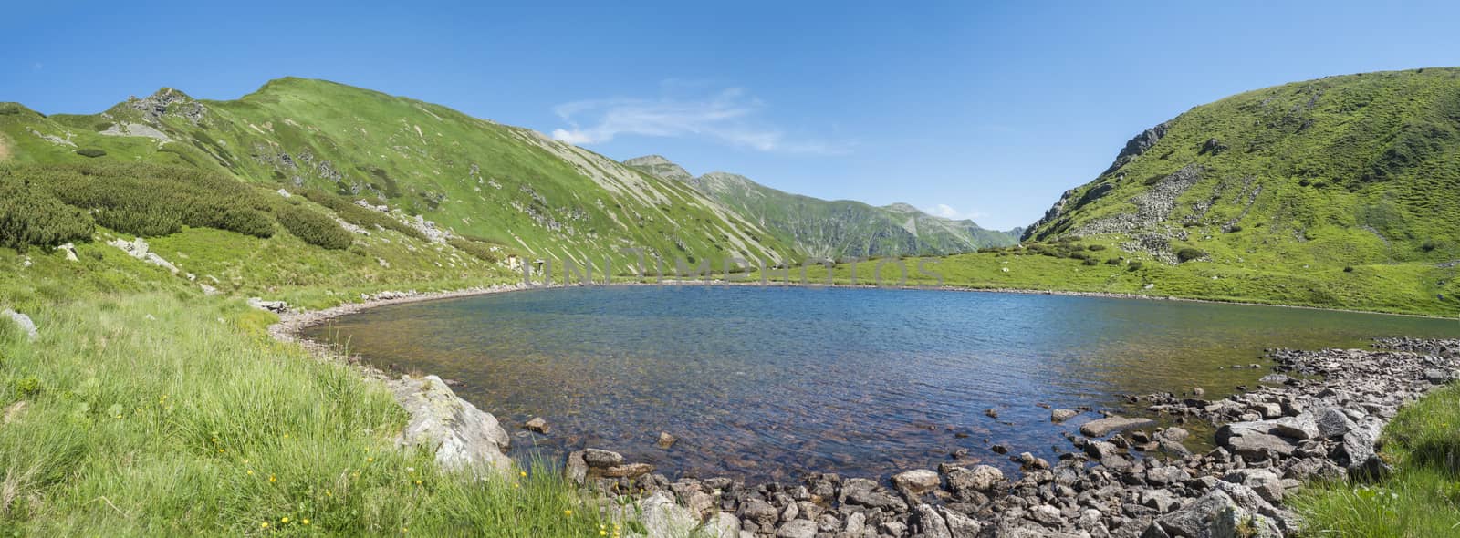 Panoramic view on Beautiful vivid blue clear mountain lake Horne Jamnicke pleso with green hill mountain peaks, Western Tatras mountains, Rohace Slovakia, summer sunny day blue sky bacground.