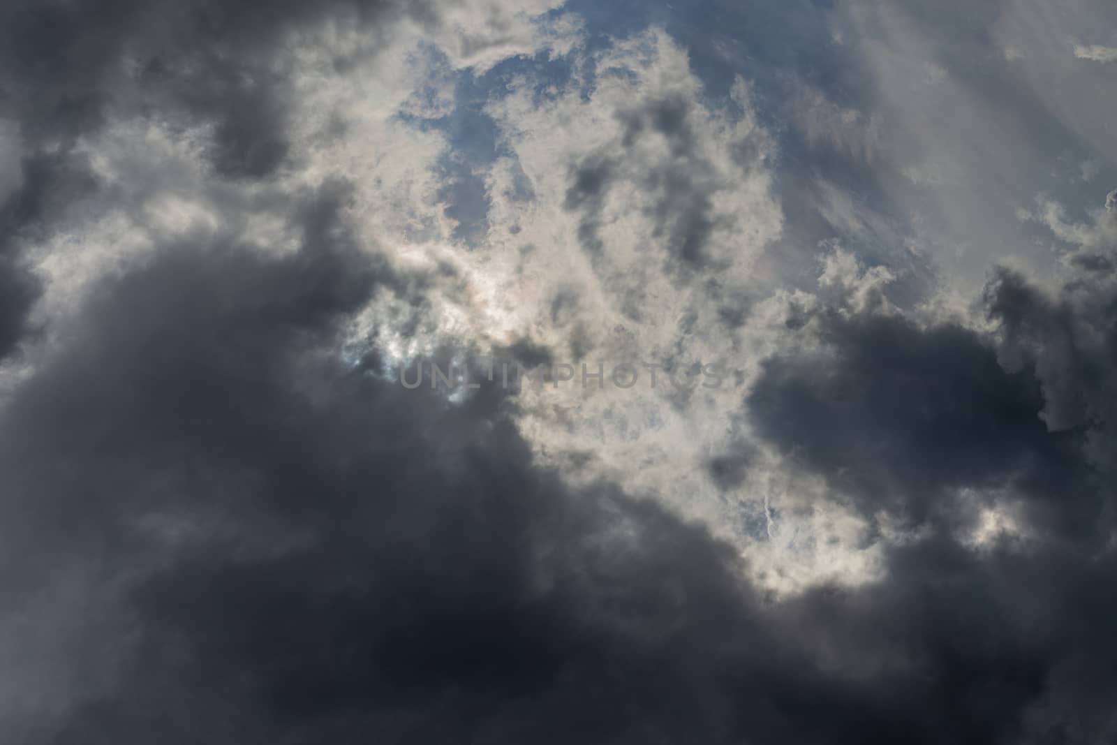 Gray summer storm clouds full frame background. Zenith view from ground surface.