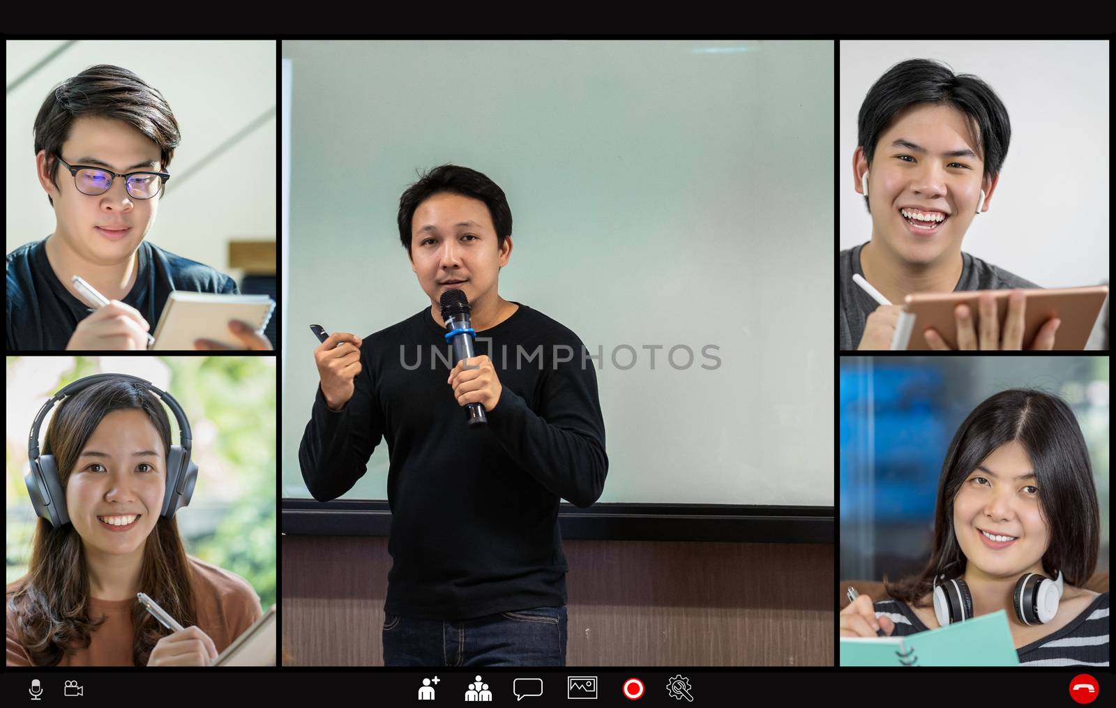 Asian Teacher or Speaker and student e-learning and meeting with colleague in video call conference when Covid-19 pandemic,Coronavirus outbreak,online meeting,Social distancing and new normal concept