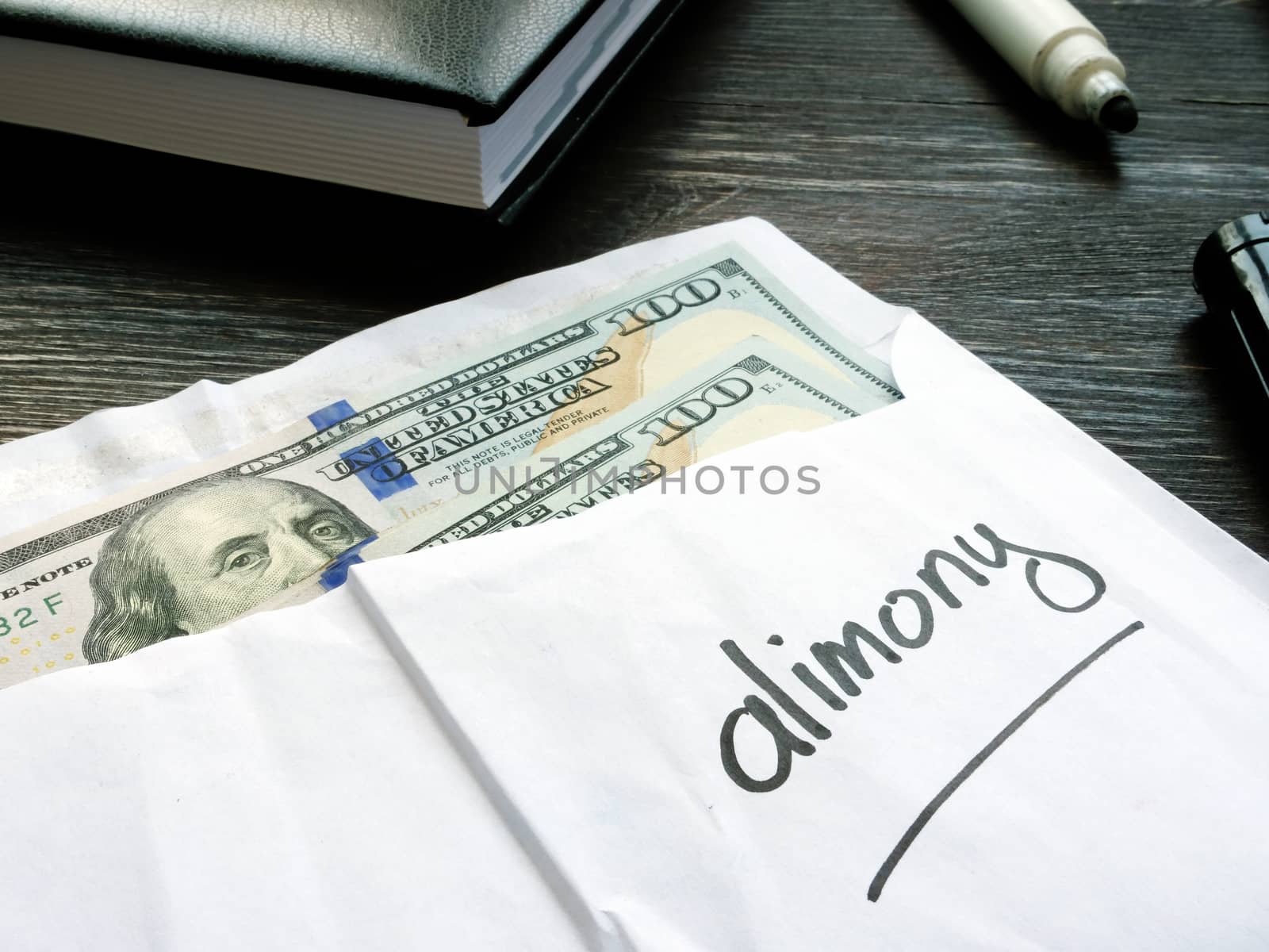 Alimony concept. Open envelope with cash on the desk. by designer491
