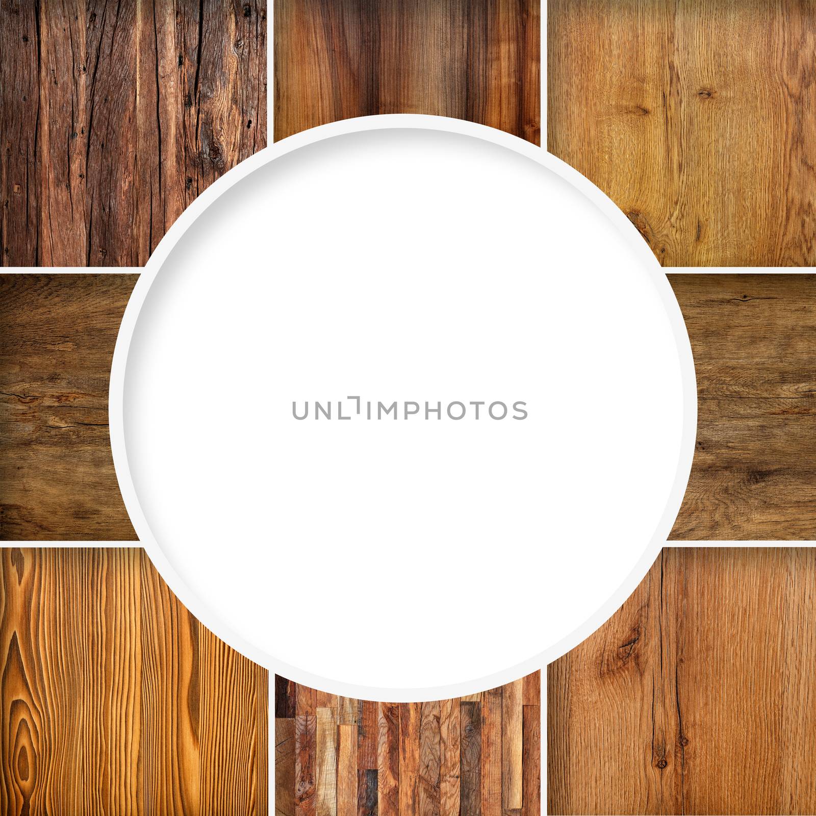 A square collage of wooden textures with a white round copy space in the middle.