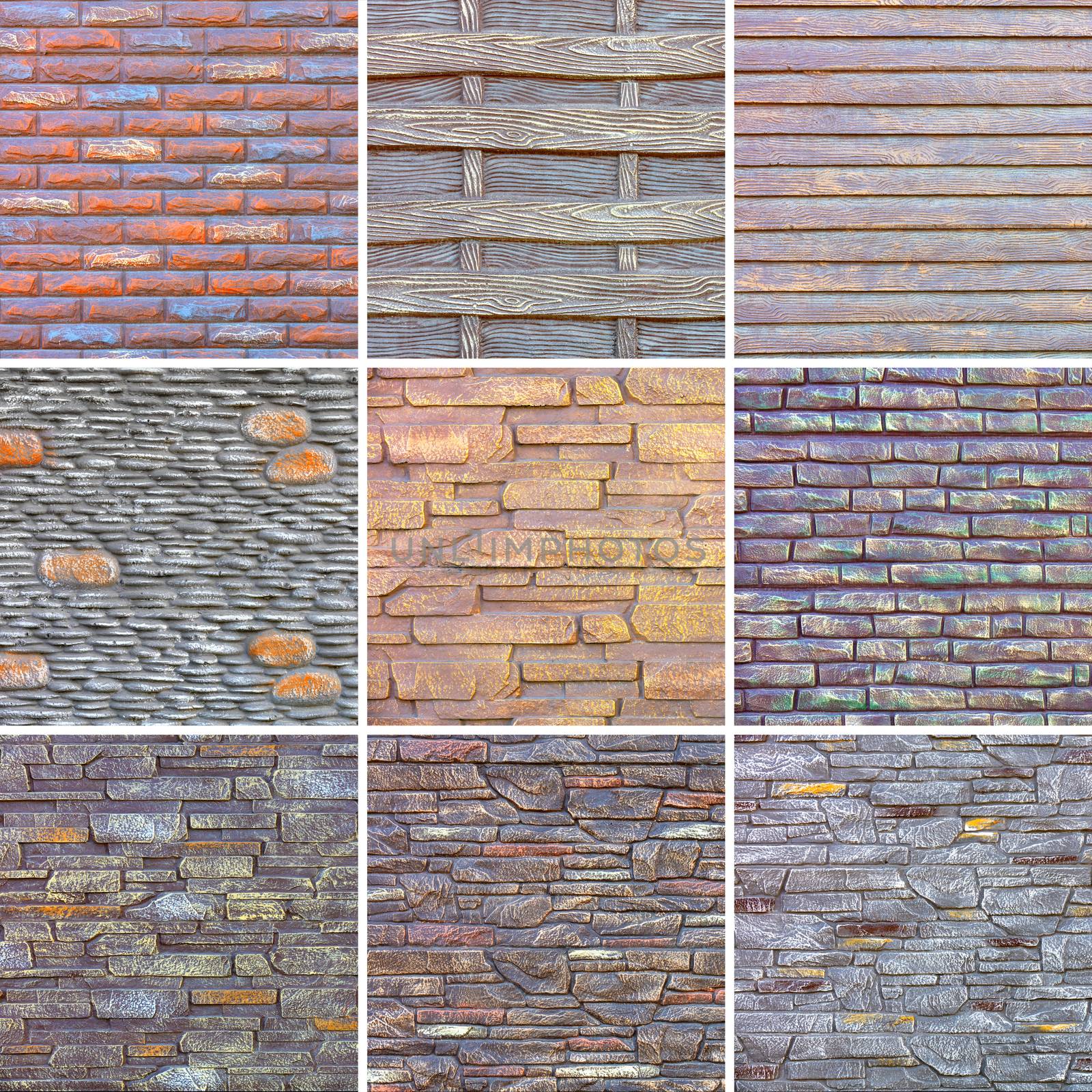 Collage of various stone textures made of concrete. High resolution textures.