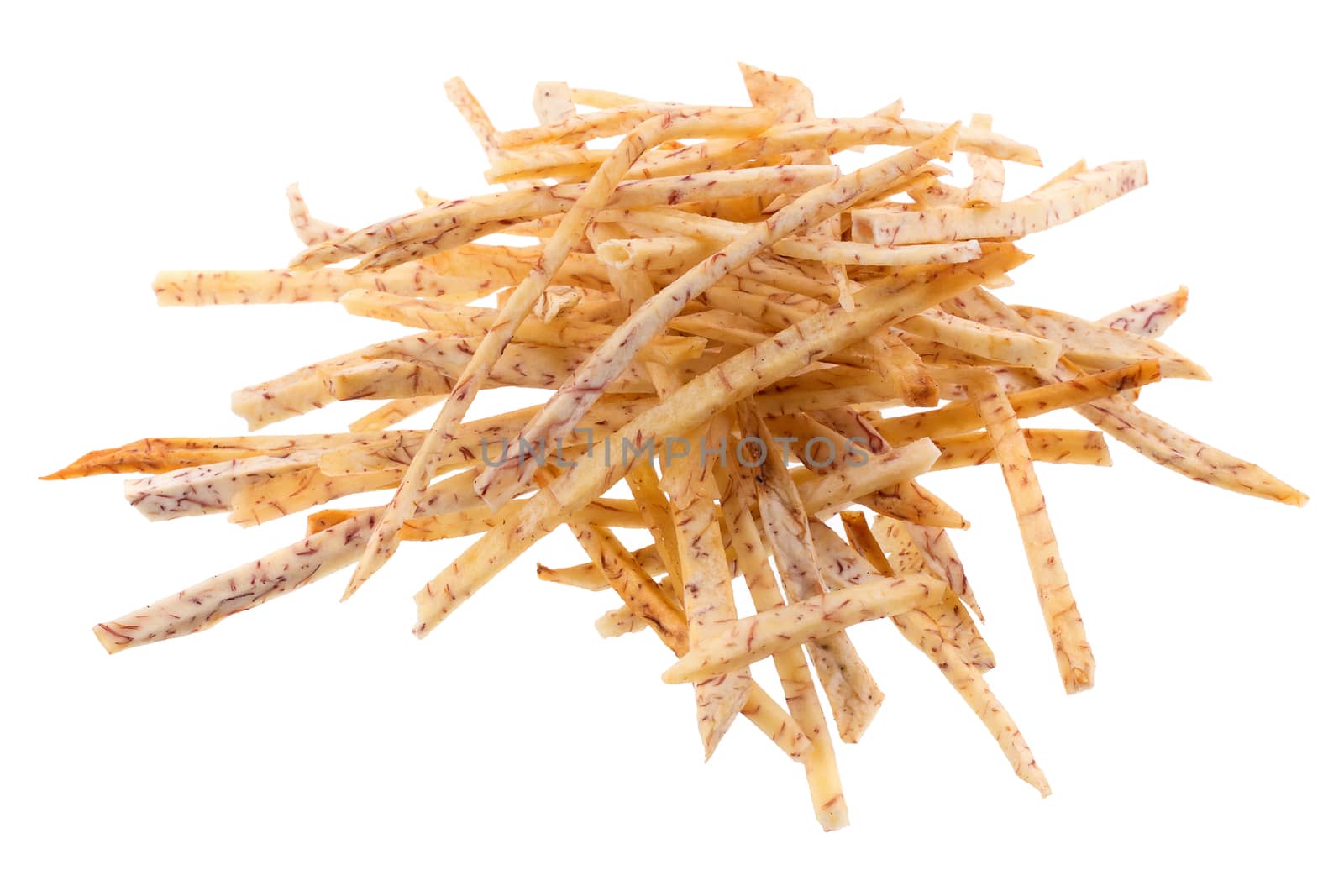 fried Taro slices Dip into the caramel isolated on white background.