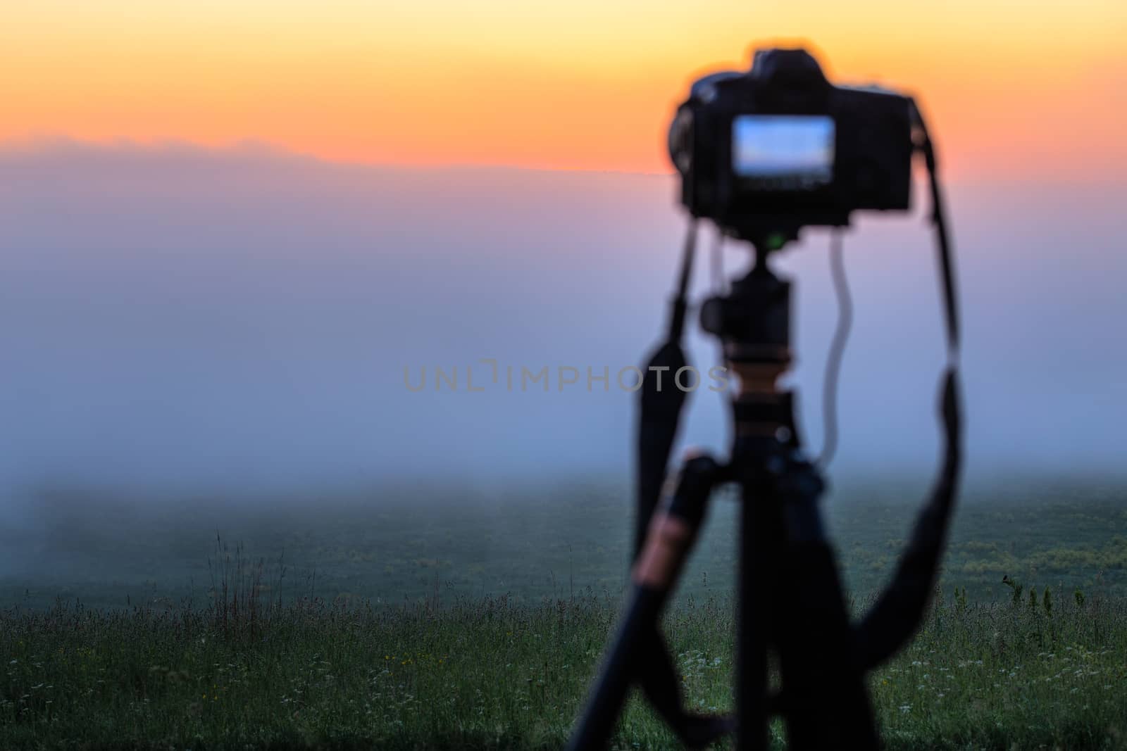 black digital camera on tripod shooting foggy morning landscape at summer with selective focus.