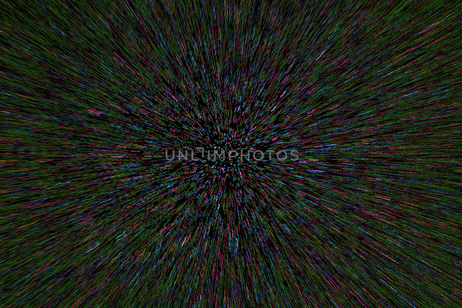 natural lens zoom explosion radial blurred cyan green purple dots on black background.
