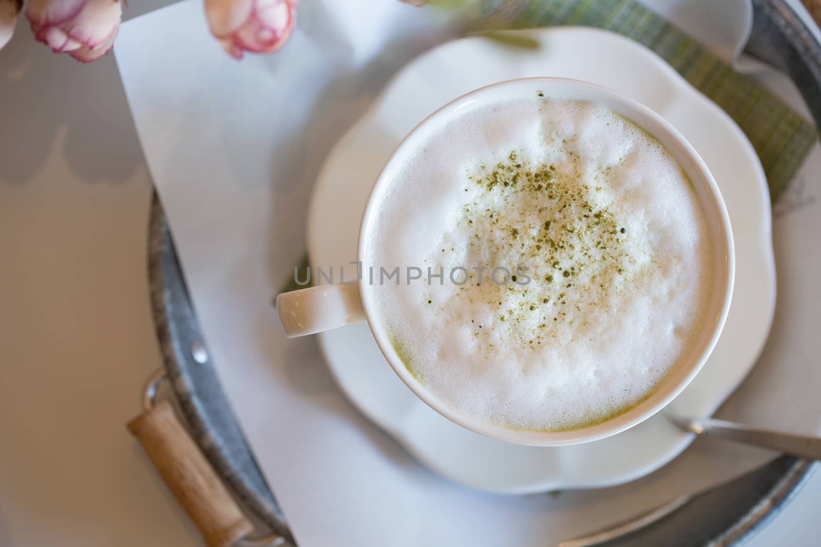 matcha green tea latte japanese style on table by kaiskynet