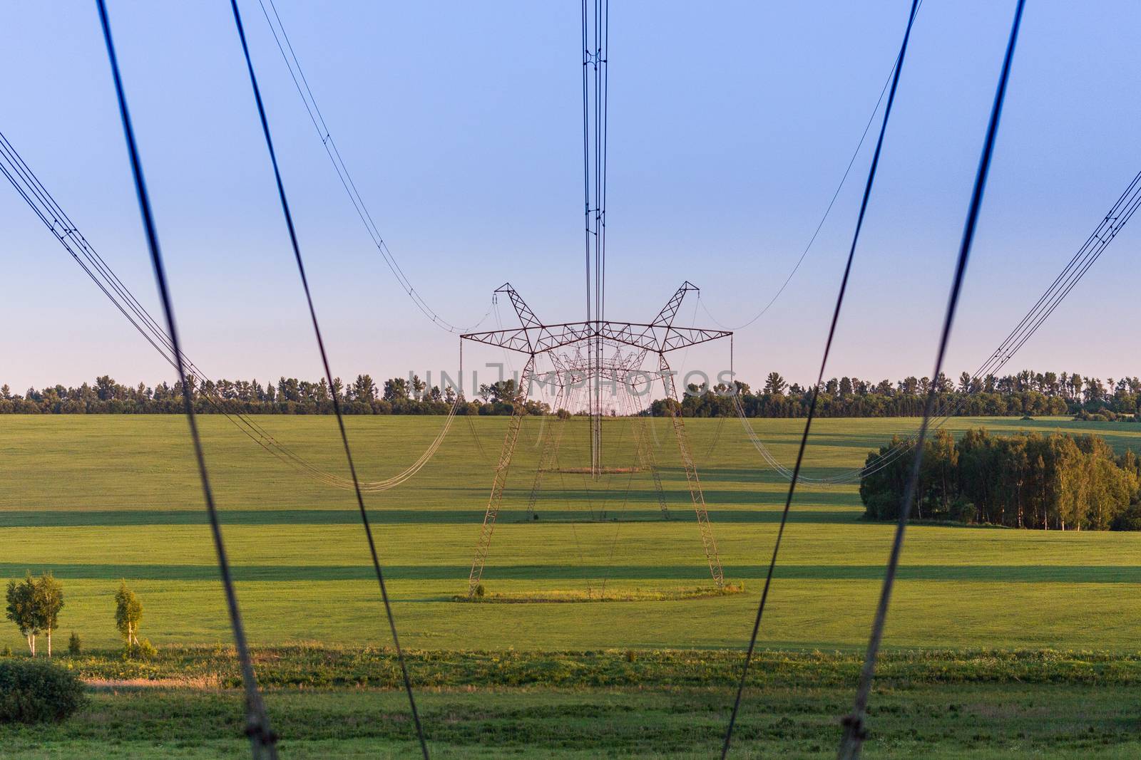 huge power line towers on field at summer evening.