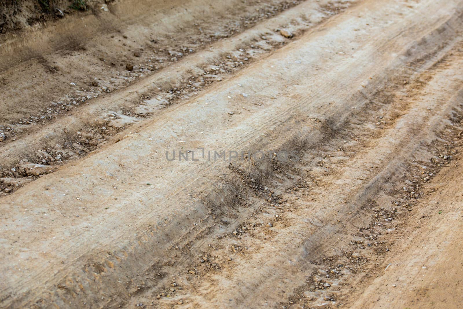 dry summer dirt road closeup with selective focus.