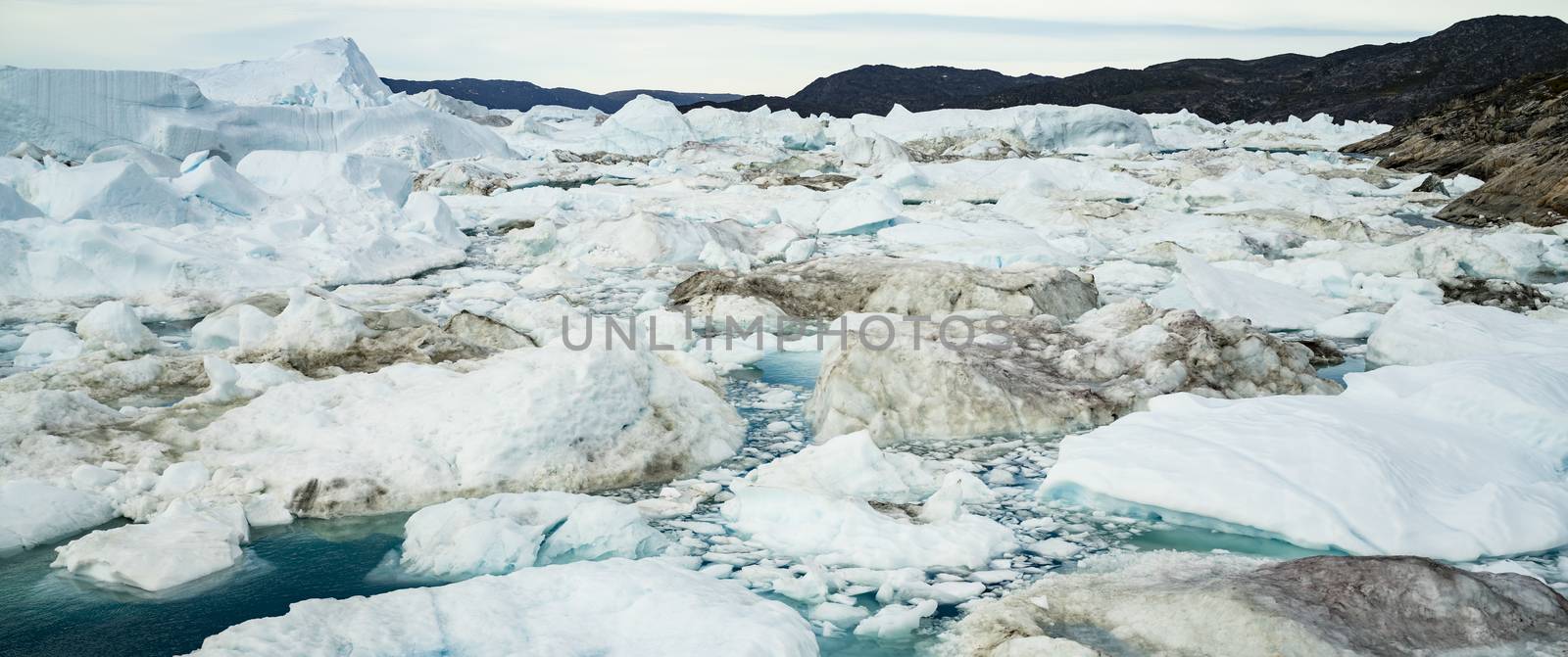 Climate Change and Global Warming - Icebergs and from melting glacier in icefjord in Ilulissat, Greenland. Panoramic banner photo of arctic nature ice landscape by Maridav