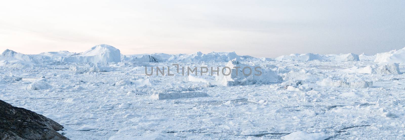 Climate Change Concept. Greenland landscape nature with icebergs and ice in Greenland icefjord. Aerial drone panoramic banner photo of Ilulissat Icefjord with icebergs from Jakobshavn Glacier by Maridav