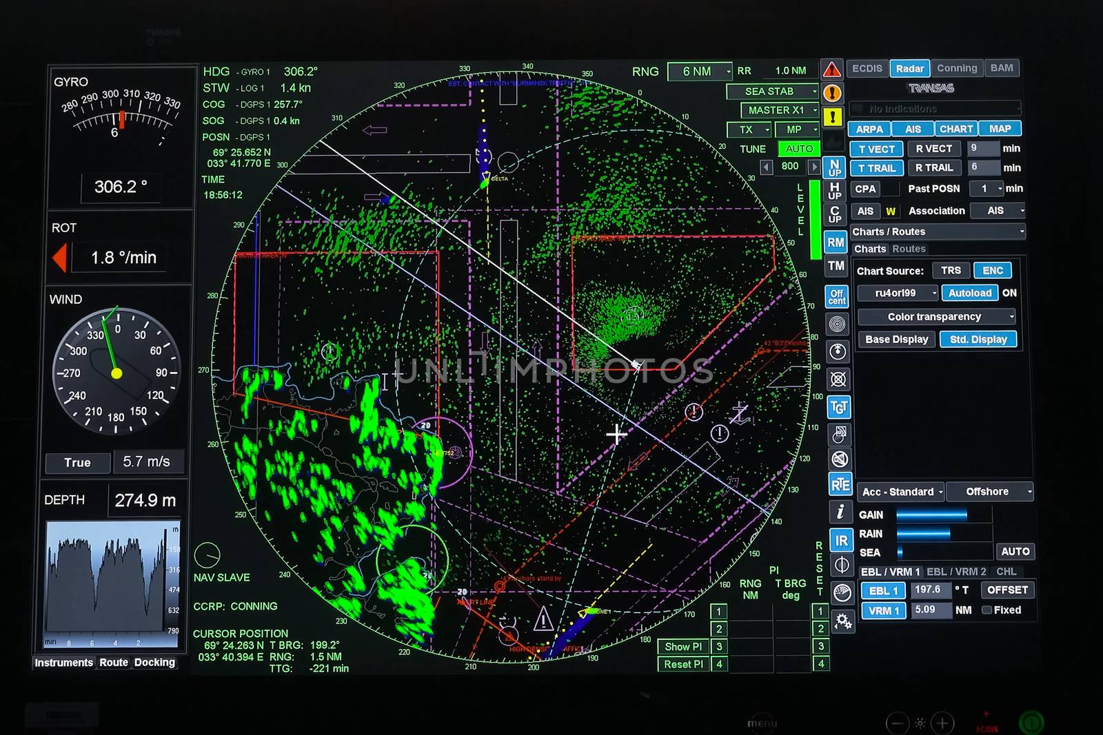 Ship control panel. a Navigational devices and echolocation and radar monitors.