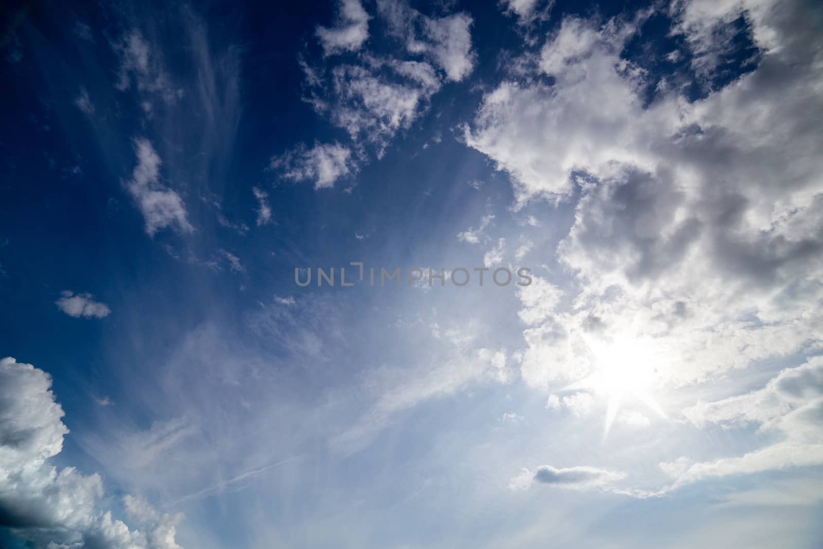 mixed zenith clouds at noon daylight wide angle shot.