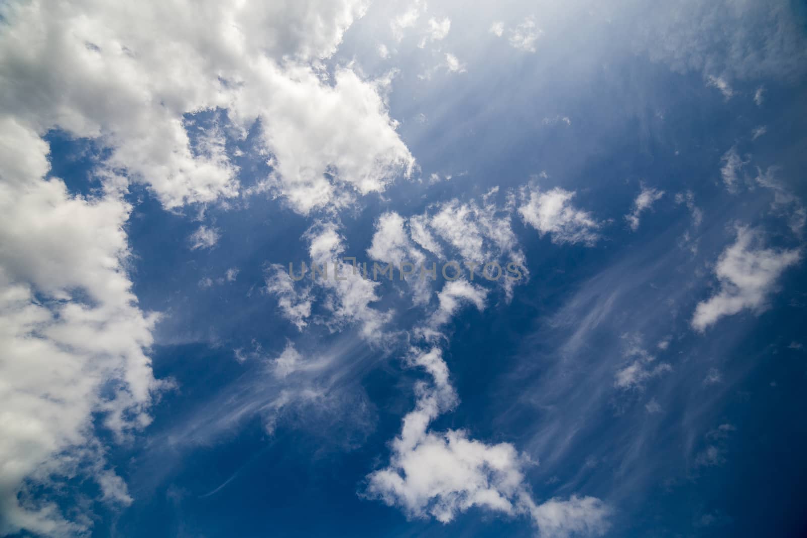 mixed zenith clouds at noon daylight wide angle shot.