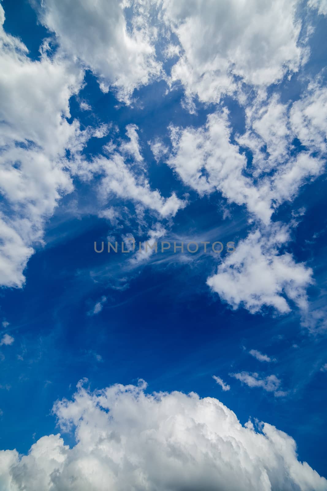 mixed zenith clouds at noon daylight wide angle shot.