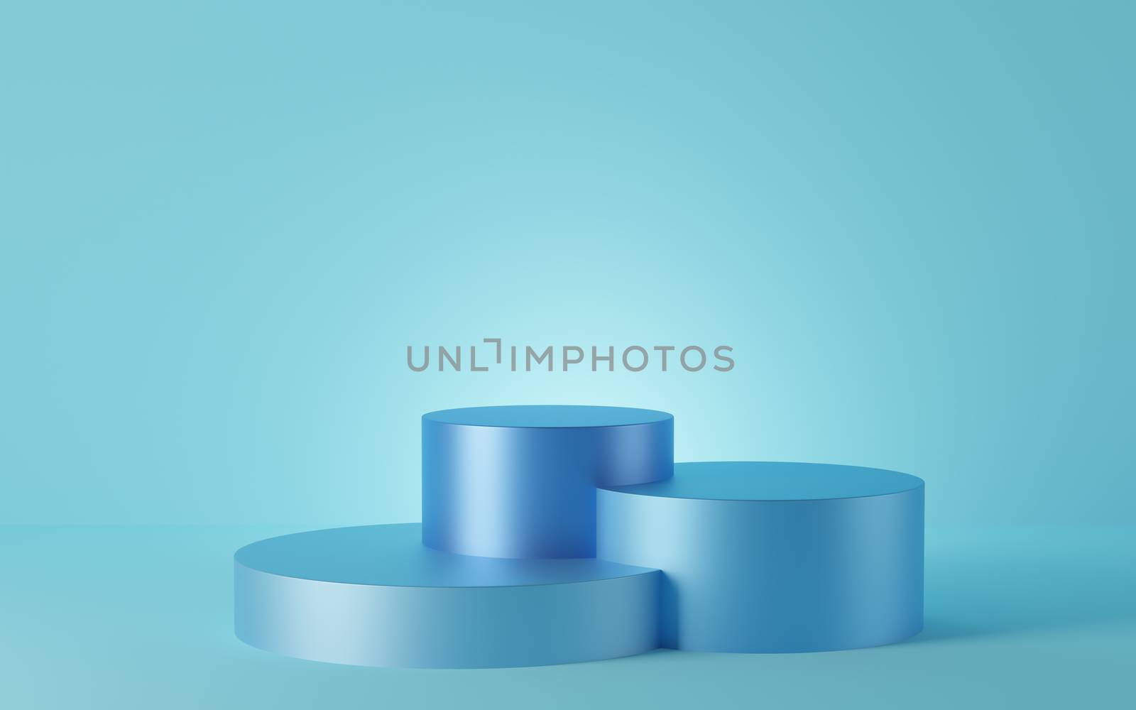 Empty blue cylinder podium on blue background. Abstract minimal studio 3d geometric shape object. Mockup space for display of product design. 3d rendering.