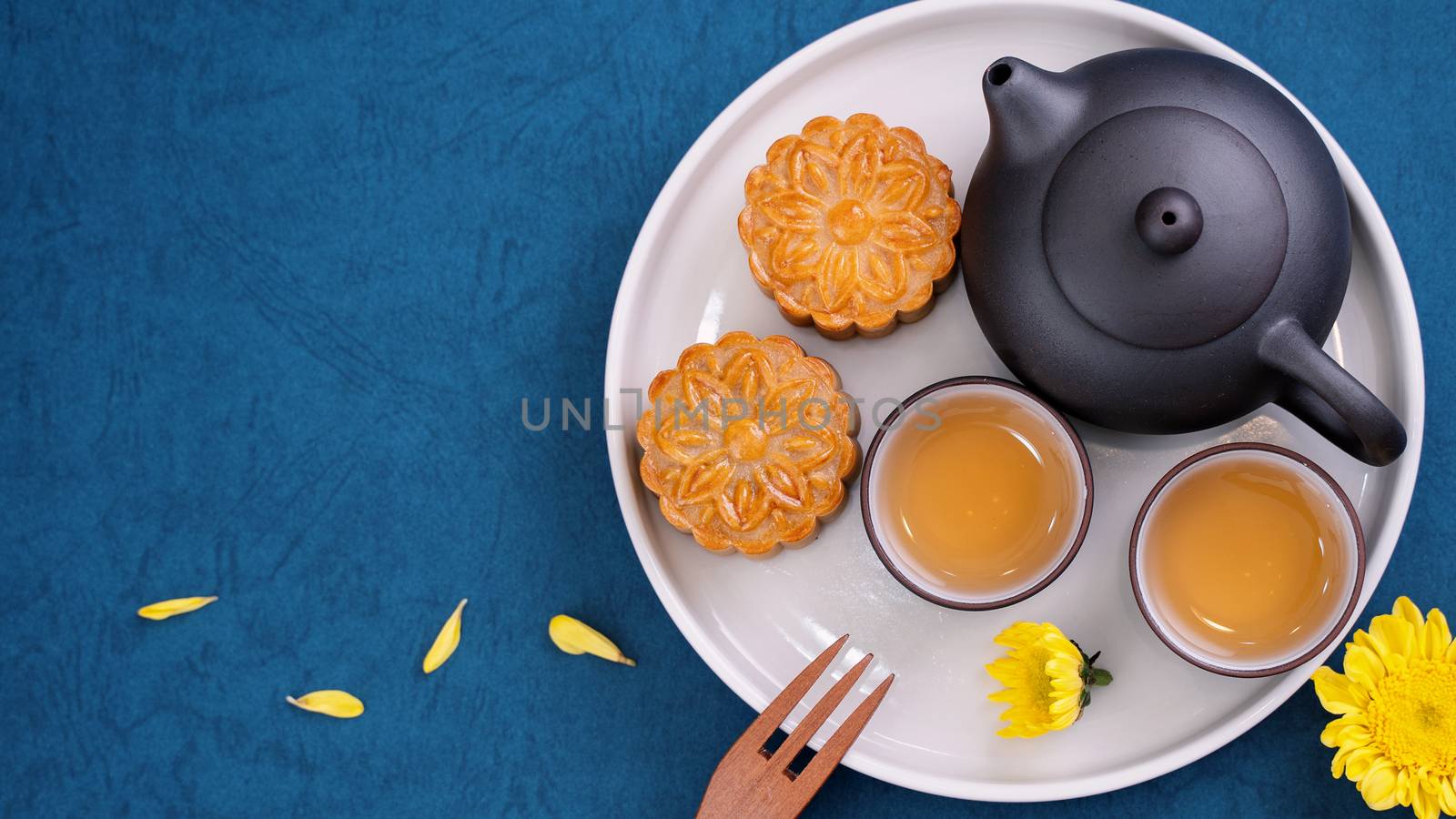 Minimal simplicity layout moon cakes on blue background for Mid- by ROMIXIMAGE